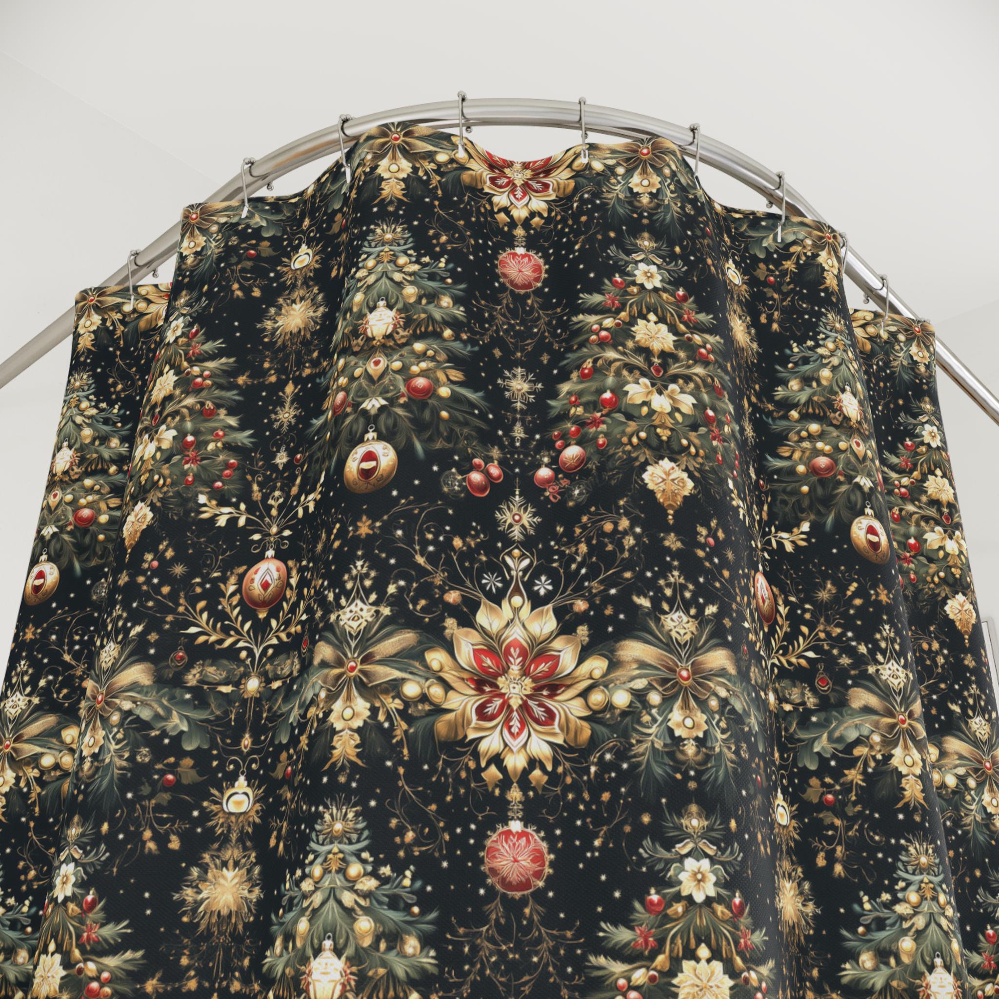 Luxe Christmas Tree Fabric Shower Curtain: Gold, Red & Green Holiday Decor