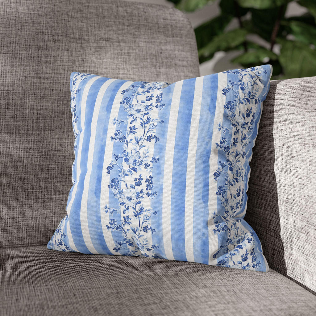 French Country Pillowcase: Blue & White Floral Striped Cushion Cover
