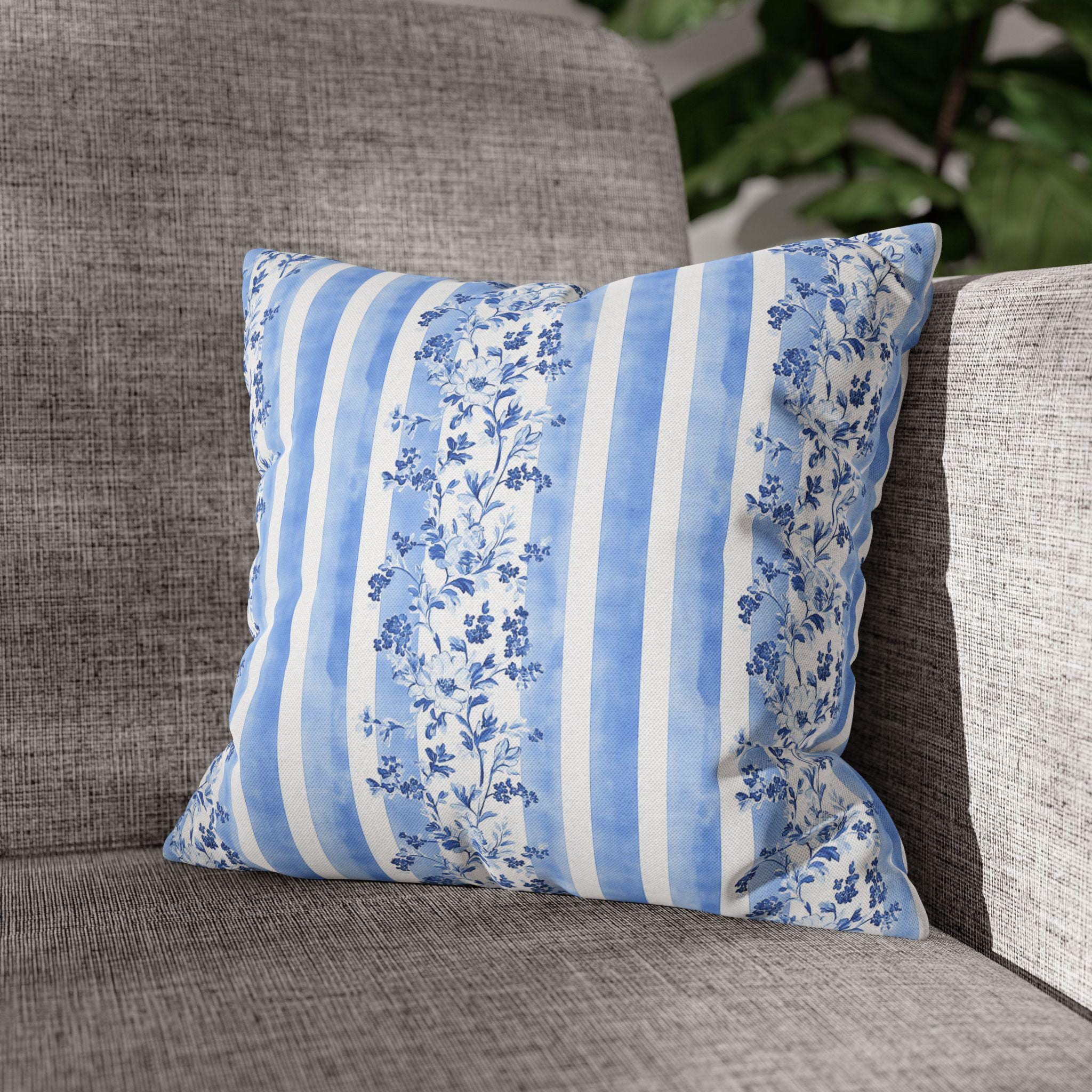 French Country Pillowcase: Blue & White Floral Striped Cushion Cover