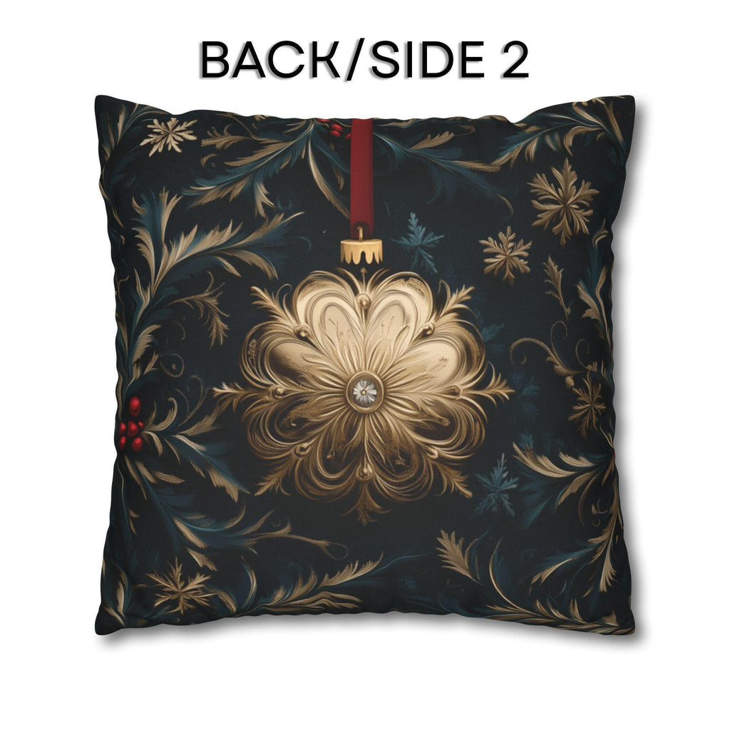 Elegant Navy & Gold Christmas Pillow Cover with Red Berries