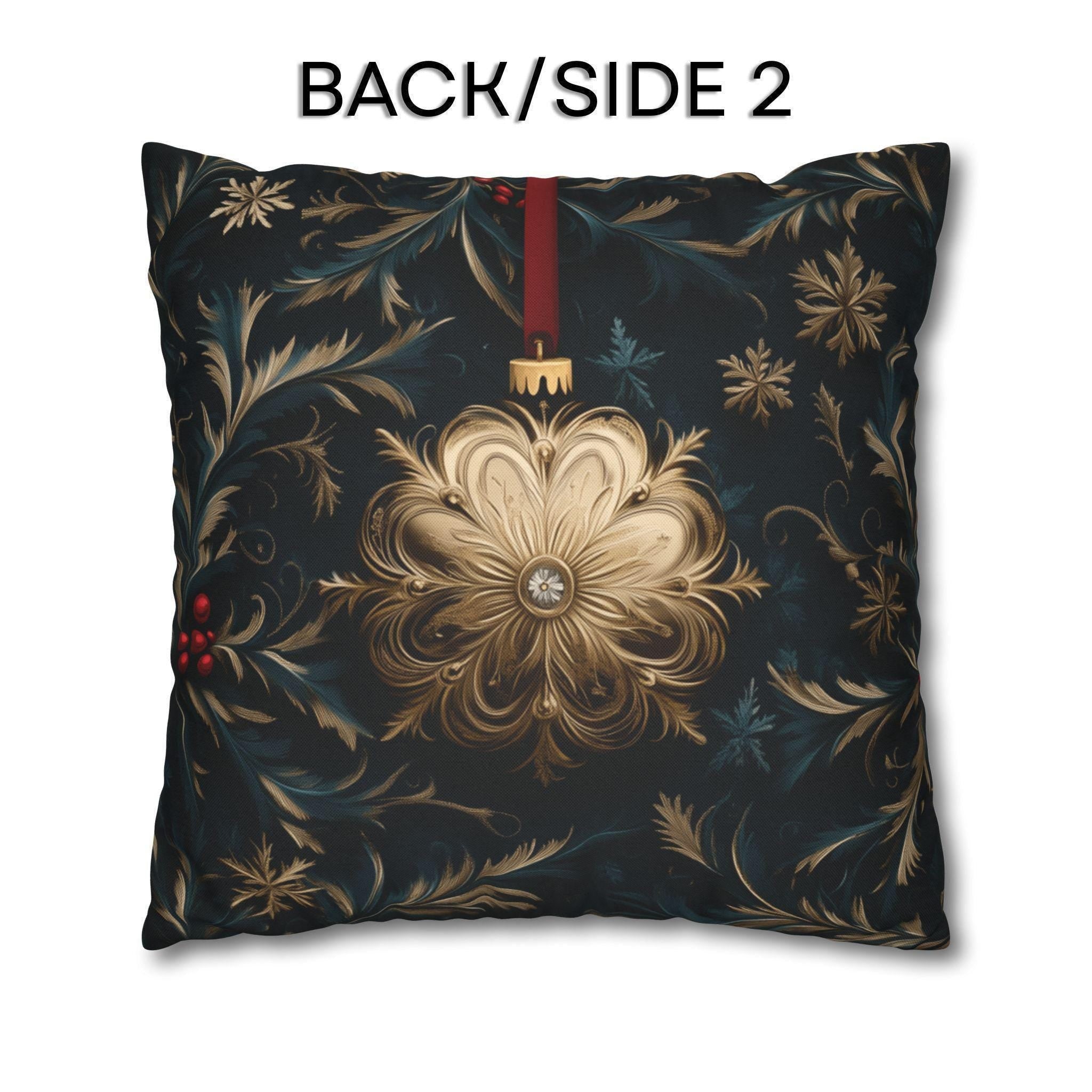 Elegant Navy & Gold Christmas Pillow Cover with Red Berries