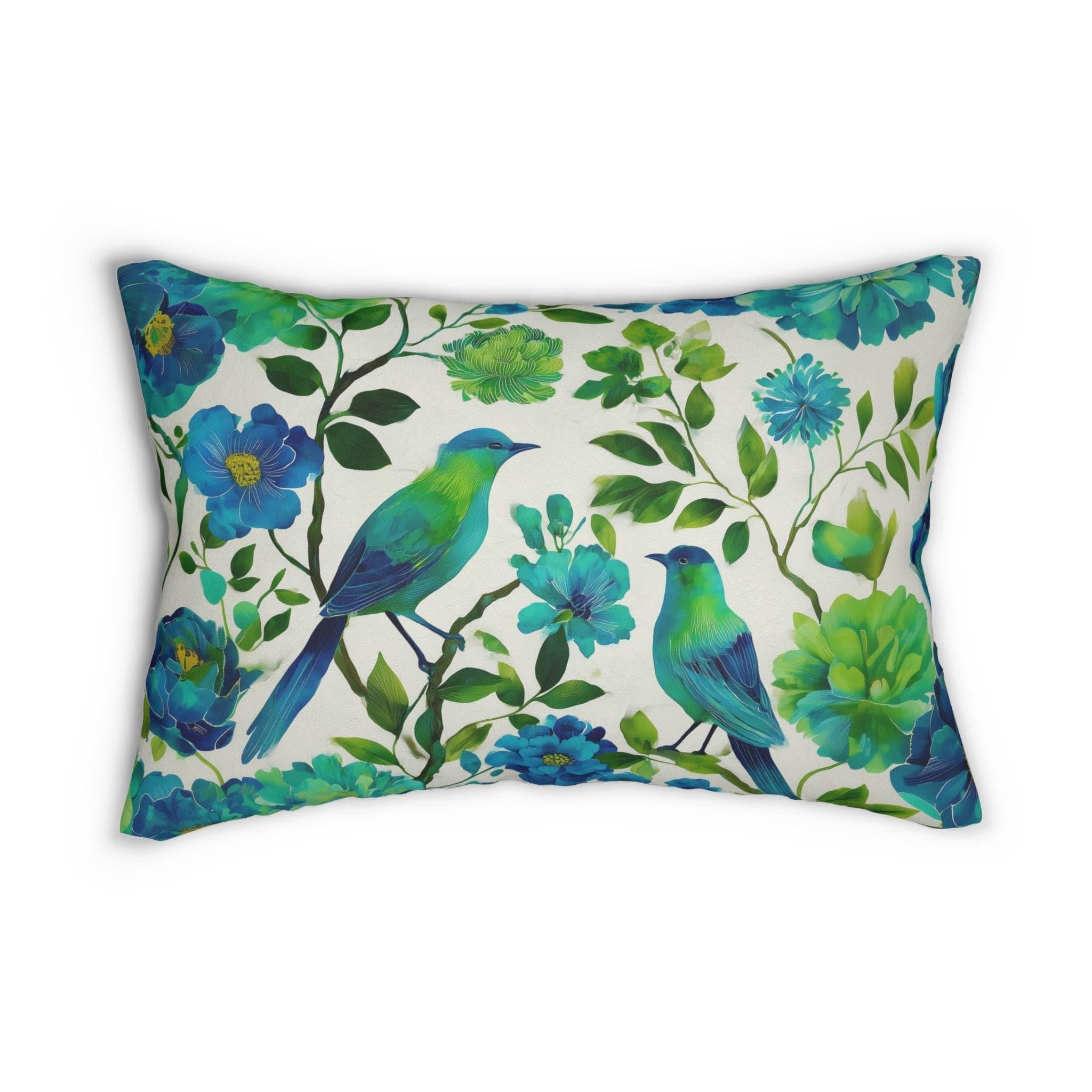 Chinoiserie Bird Lumbar Pillow: Teal & Green Watercolor Floral Cushion for Cottage or Traditional Decor