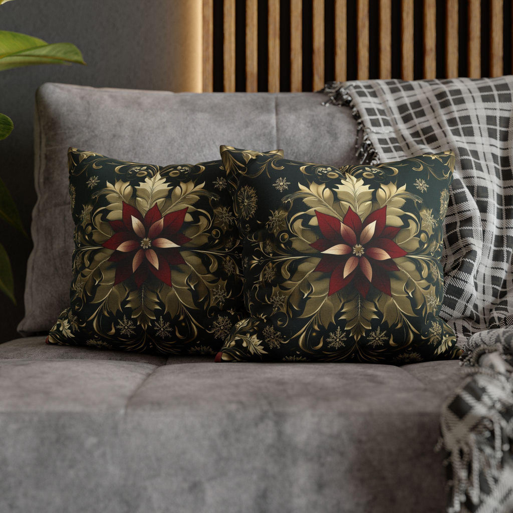 Poinsettia Pillowcase: Festive Holiday Floral, Red and Gold Winter Accent