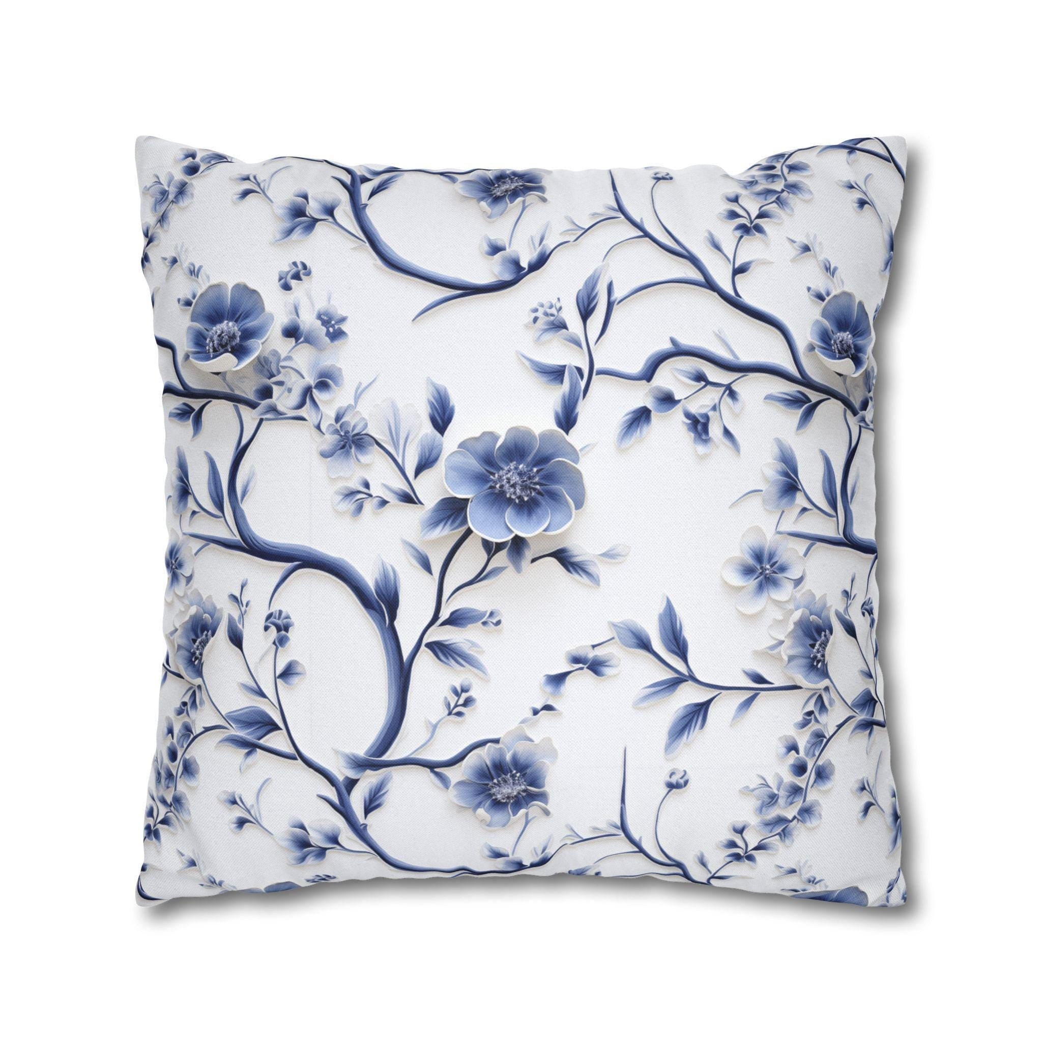 Elegant Chinoiserie Pillowcase: Blue & White Floral Cushion Cover Inspired by Vintage Chinese Porcelain Art