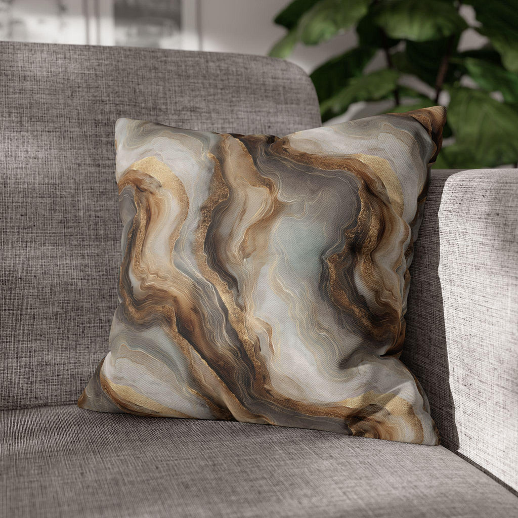 Modern Abstract Pillow Cover: Brown Marble Look with Gold Color Accents