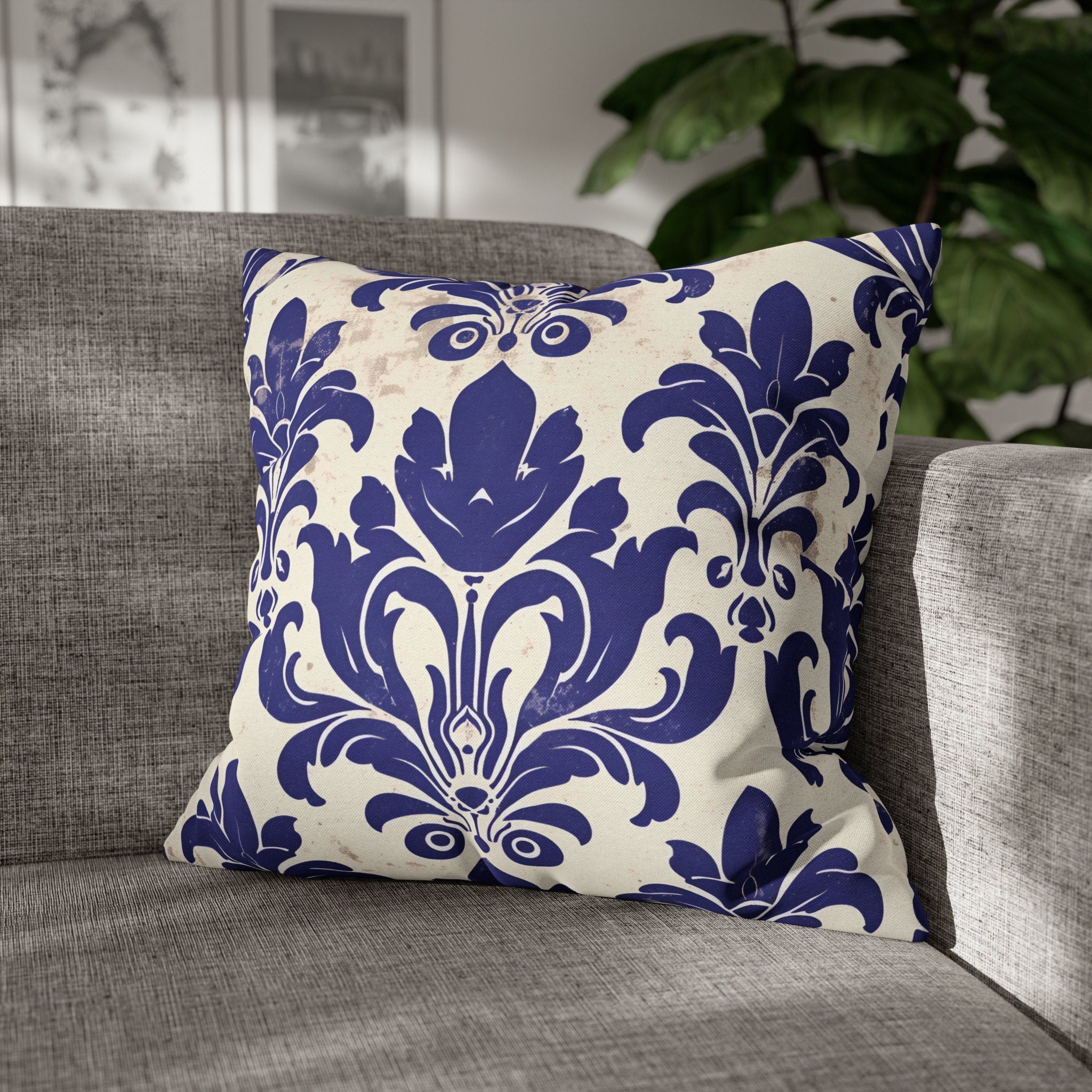 Art Nouveau Pillow Cover: Deep Blue Floral Design Statement Piece