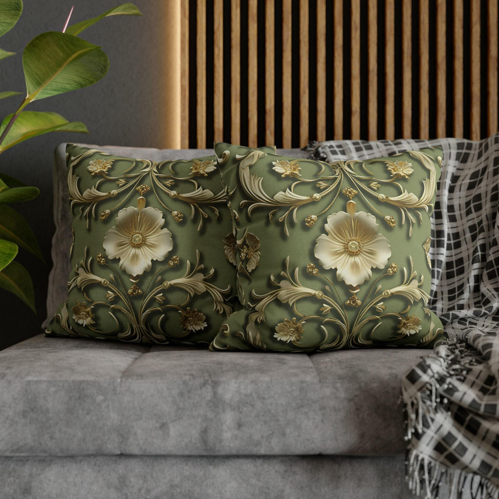French Baroque Floral Pillow Cover: Sage Green & Gold Vintage Cushion