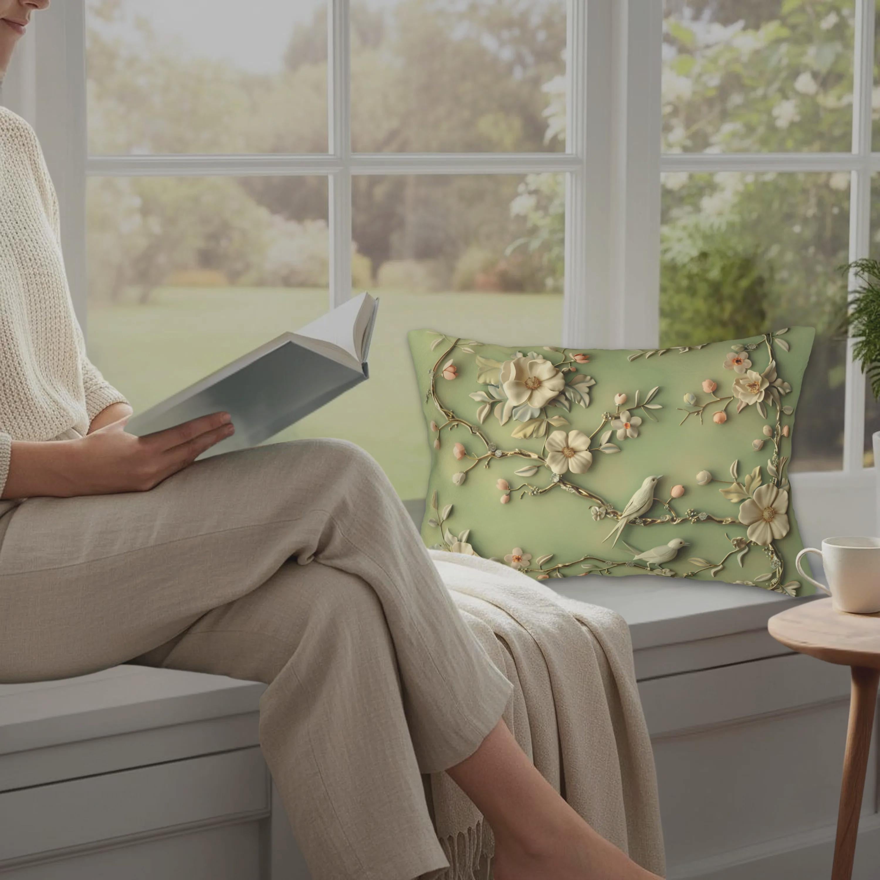 Lumbar Pillow: Chinoiserie Birds and Flowers - Pastel Sage Green