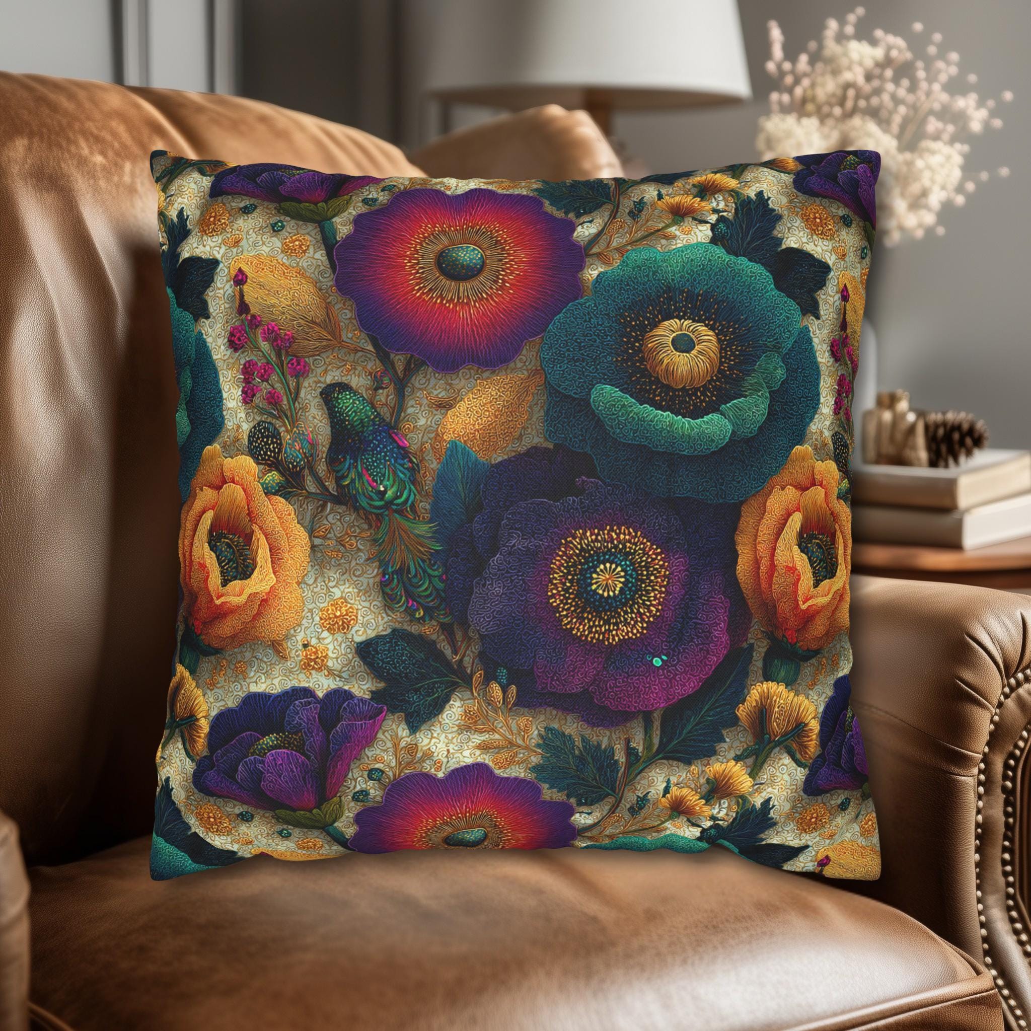 Colorful Art Nouveau Pillow Cover: Jewel Tone Floral Decor Inspired by Gustav Klimt