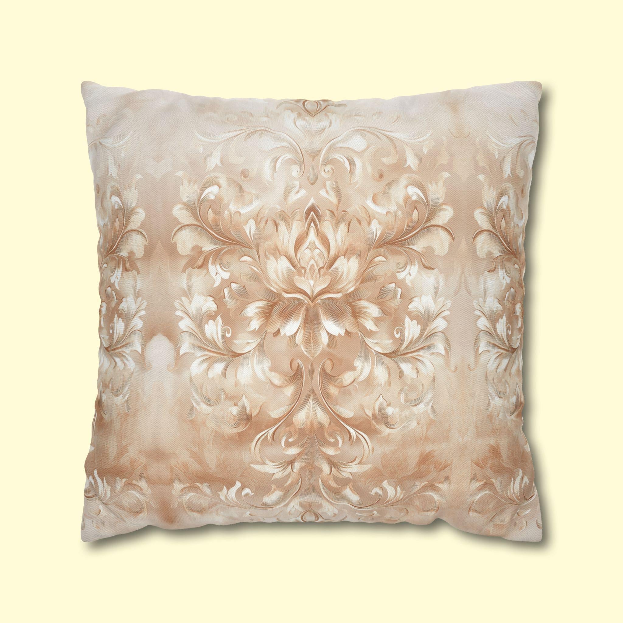 Damask Floral Pillow Cover: Beige Cream Caramel Spun Polyester