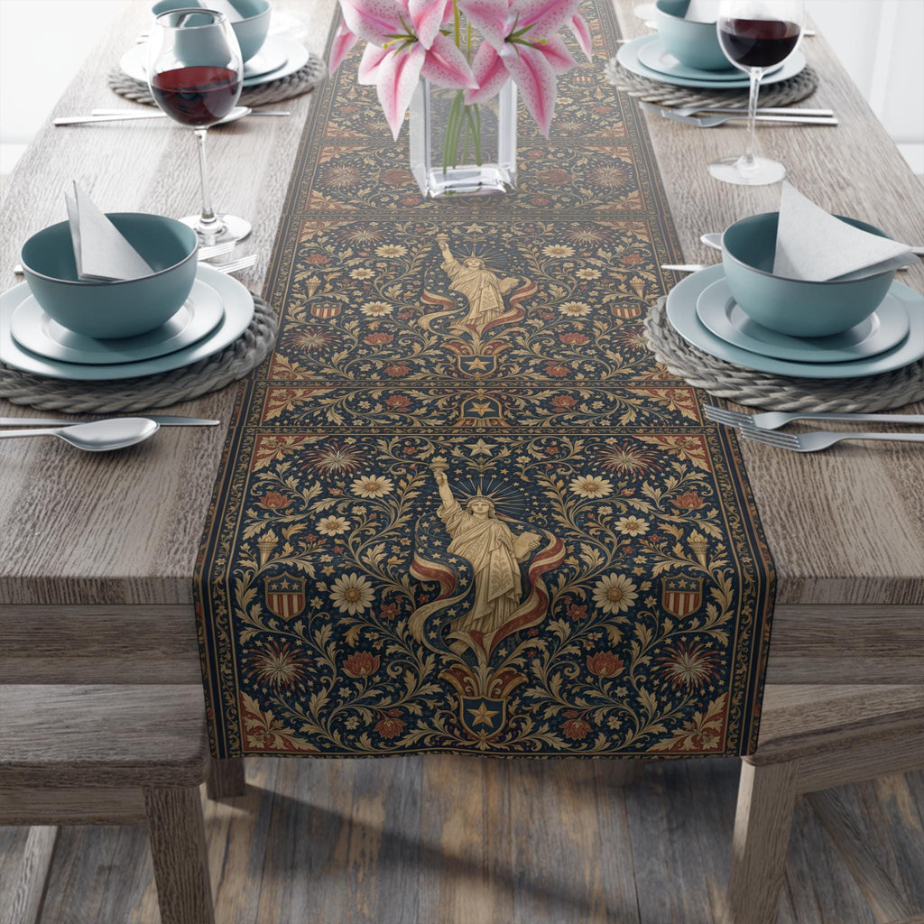 Patriotic Table Runner: Americana Statue of Liberty Botanical Design