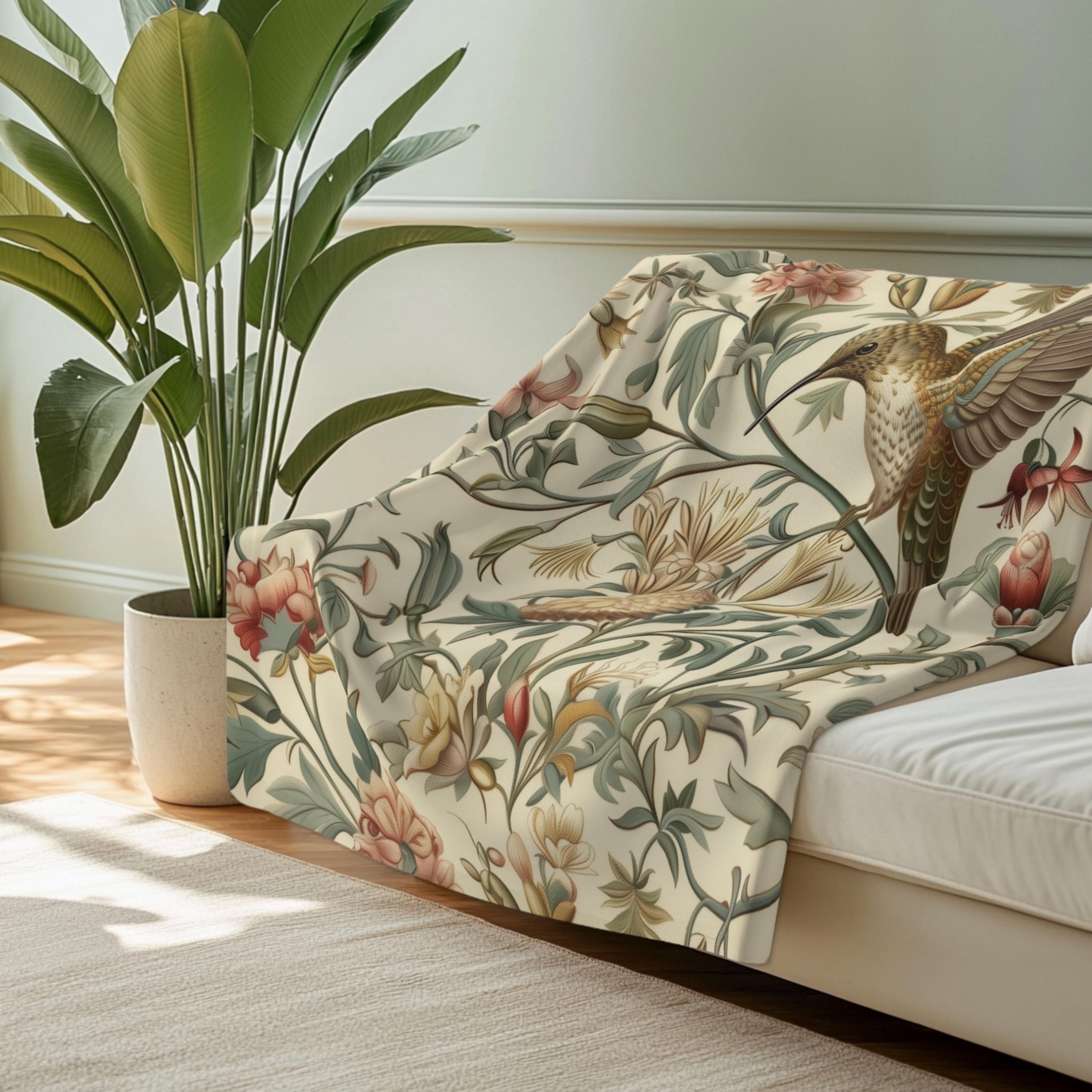 William Morris Hummingbird Throw Blanket: Vintage Style Floral Cottage Decor