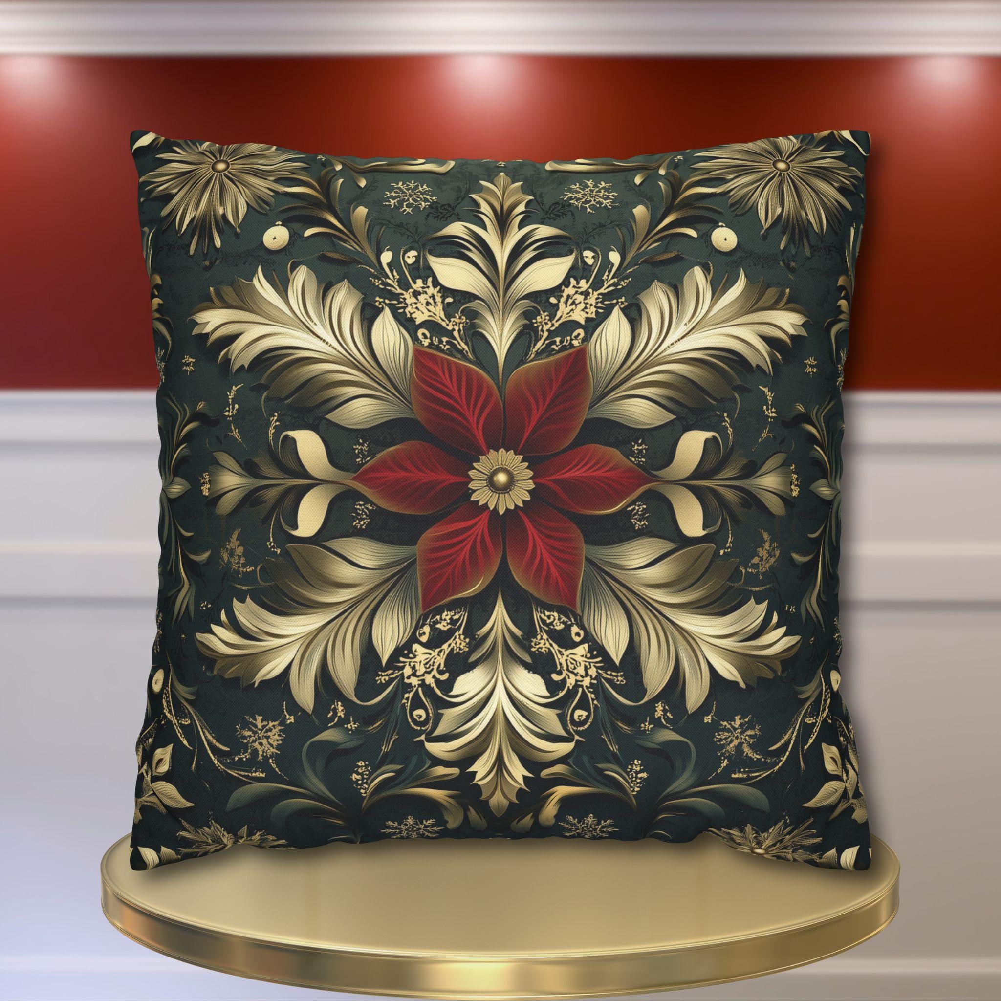 Poinsettia Pillow Cover, Red and Gold, Holiday Home Decor