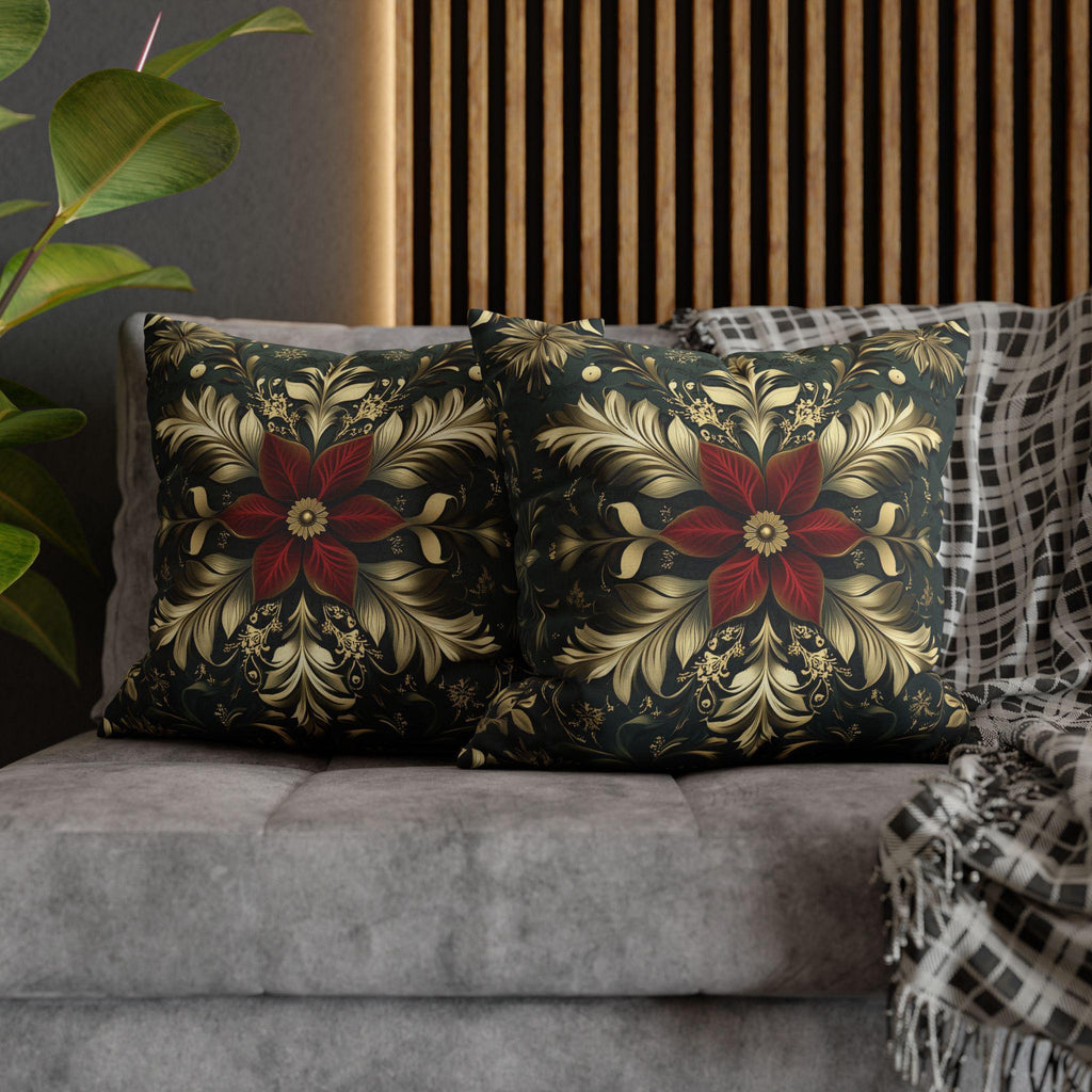 Poinsettia Pillow Cover, Red and Gold, Holiday Home Decor