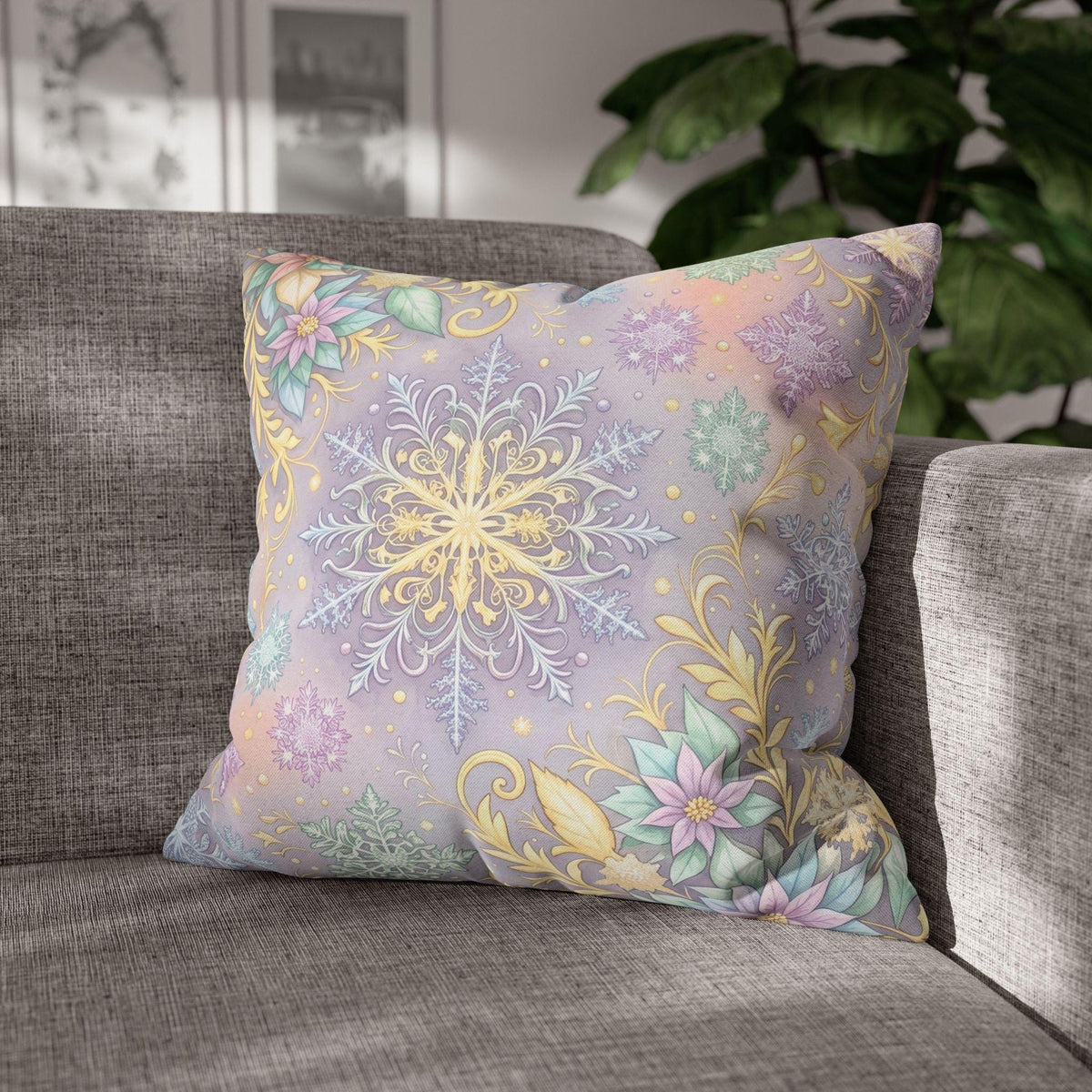Pastel Snowflake Pillow Cover: Coquette Christmas Decor, Dreamy Lilac Mint Winter