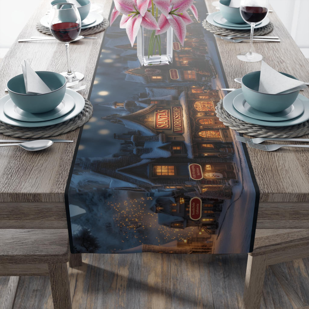 Vintage Style North Pole Christmas Table Runner: Navy, Gold, Pine