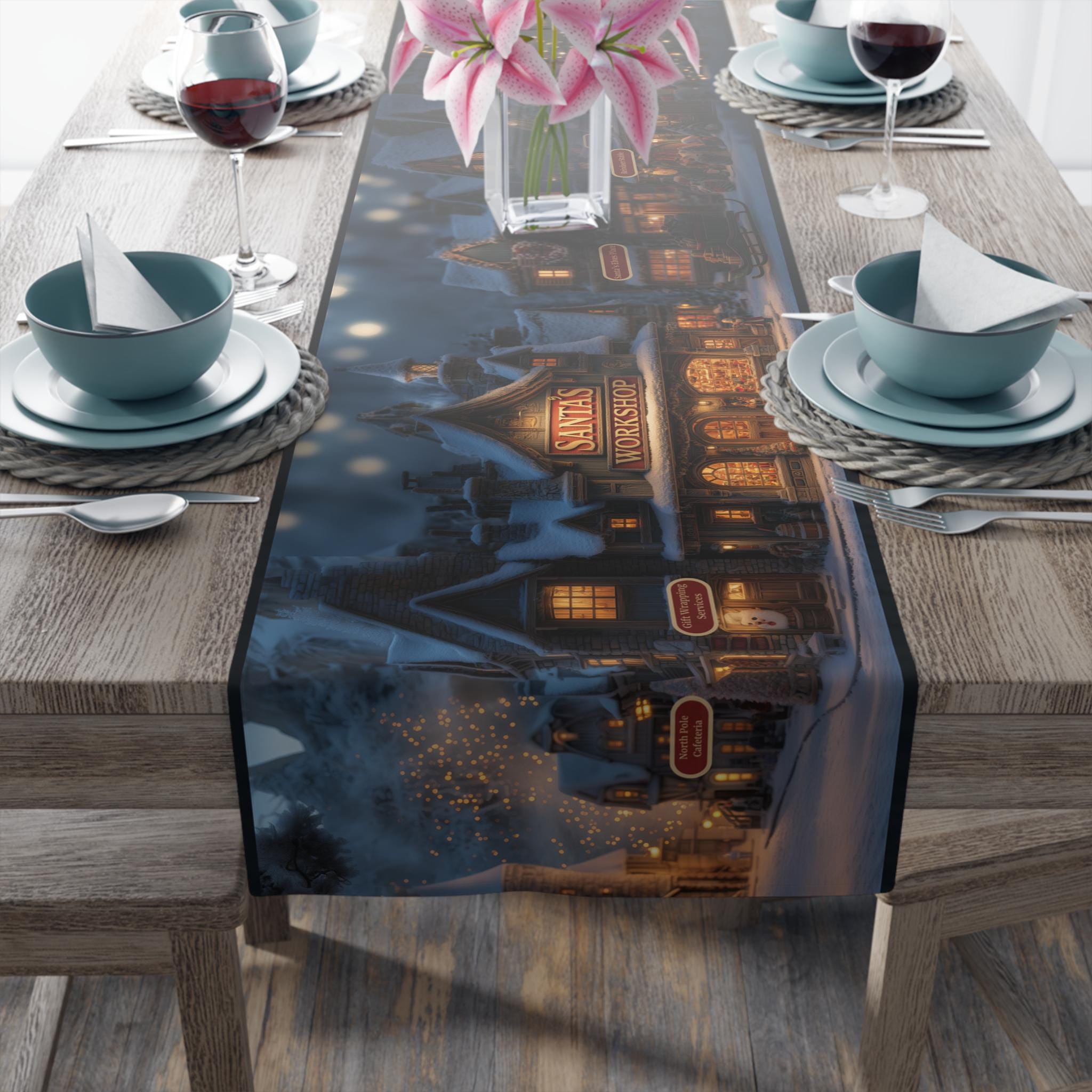 Vintage Style North Pole Christmas Table Runner: Navy, Gold, Pine