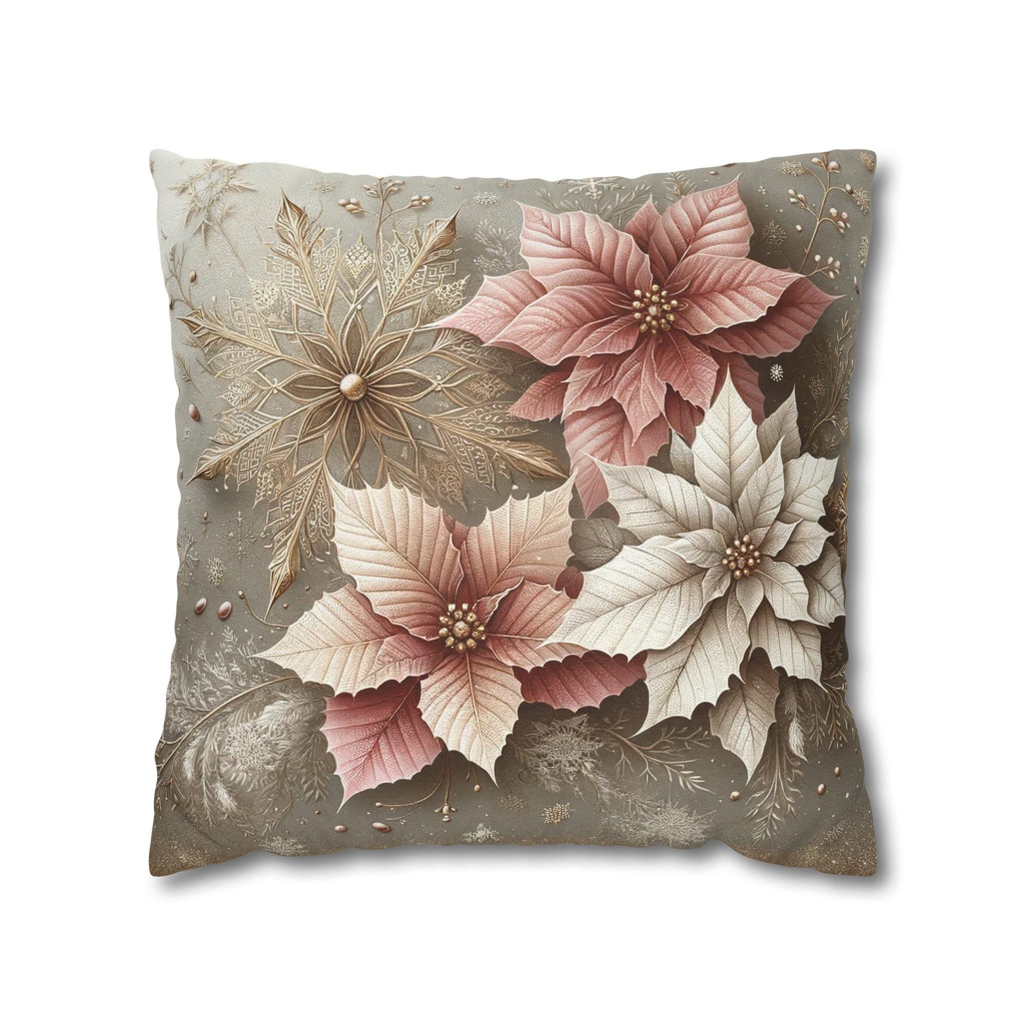Holiday Pillow Cover, Pale Gold Snowflakes & Pink Poinsettias (Multiple Sizes)