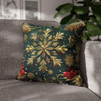 Holiday Snowflake Square  Pillowcase, Elegant Christmas Decor, Luxury Green & Gold Pillow Sham