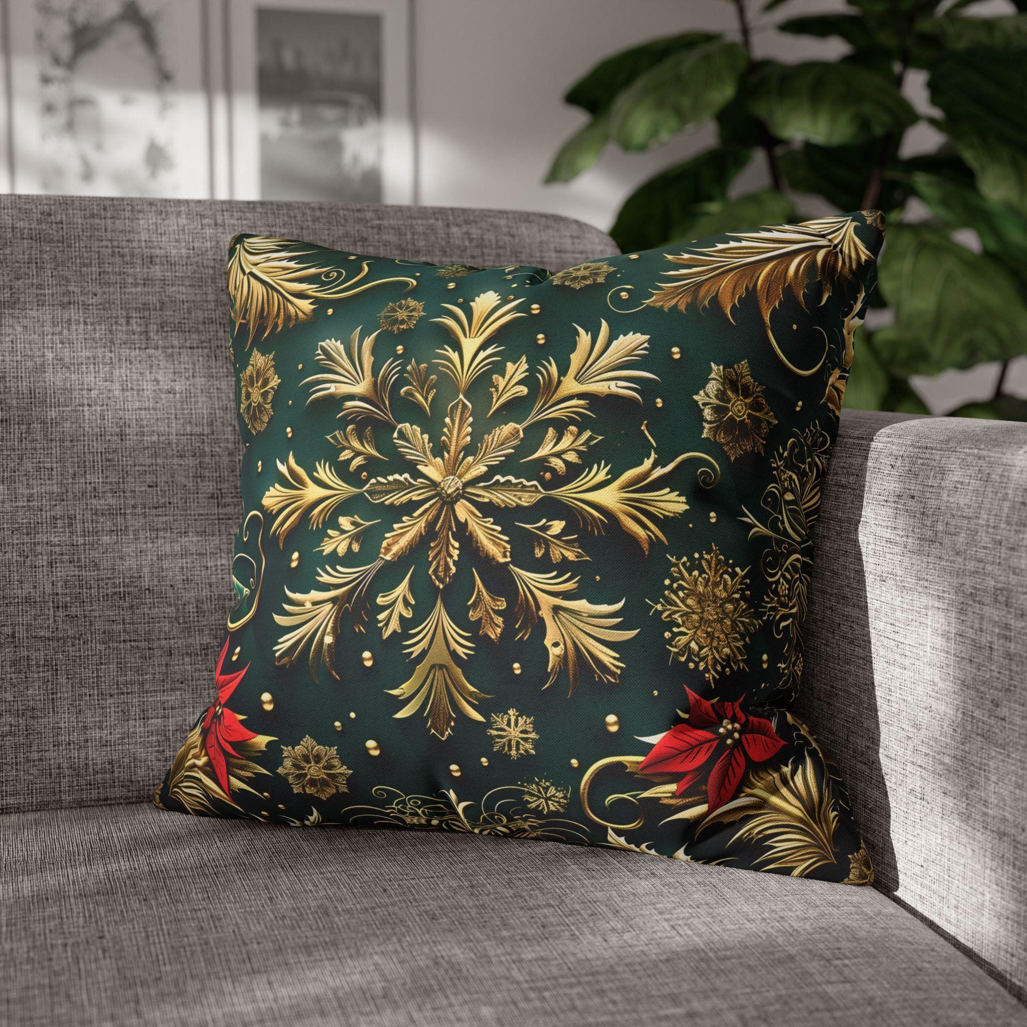Holiday Snowflake Square  Pillowcase, Elegant Christmas Decor, Luxury Green & Gold Pillow Sham