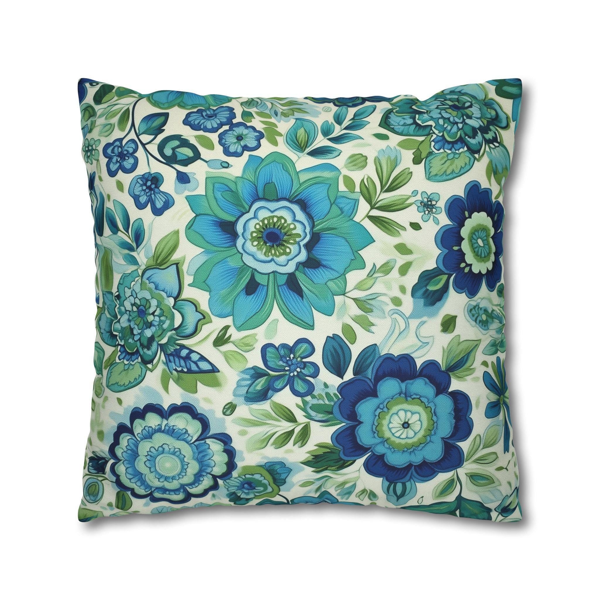 Vibrant Jacobean Floral Pillow Cover: Vintage-Inspired Blue & Green Botanical Accent for Eclectic Decor