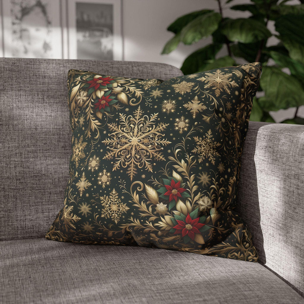 Poinsettia Christmas Pillow Cover: Gold Snowflakes on Emerald Green