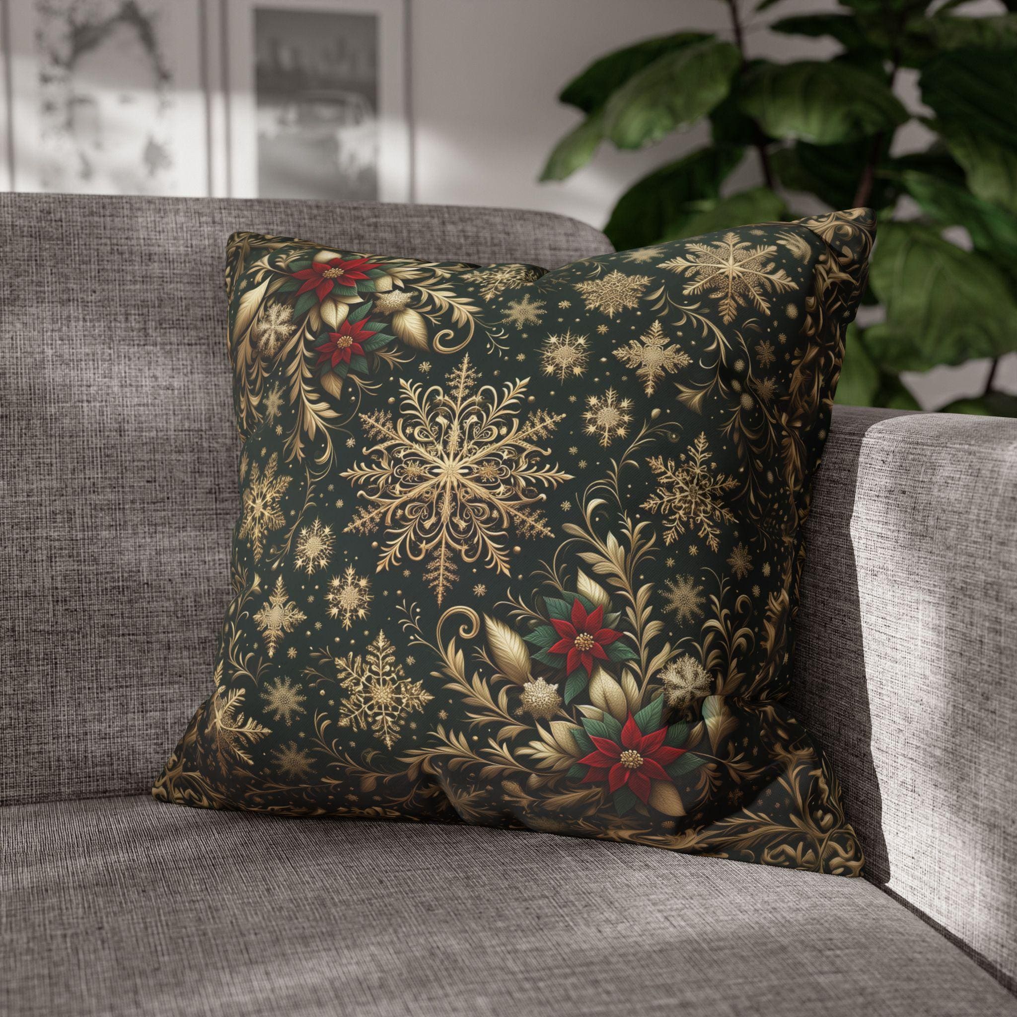 Poinsettia Christmas Pillow Cover: Gold Snowflakes on Emerald Green