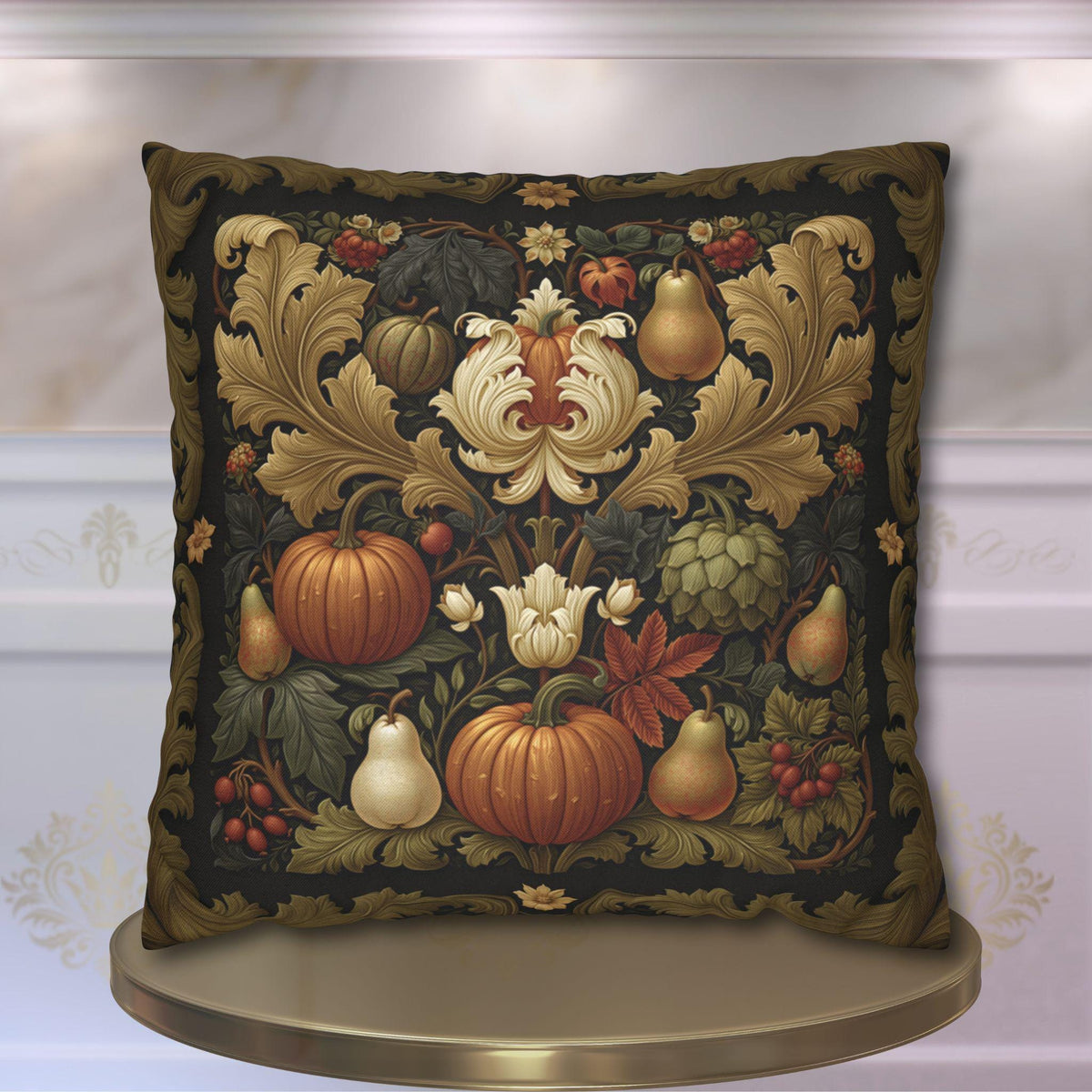 William Morris Inspired Fall Pillow Cover: Autumn Harvest Tapestry, Pumpkin, Pear & Gold