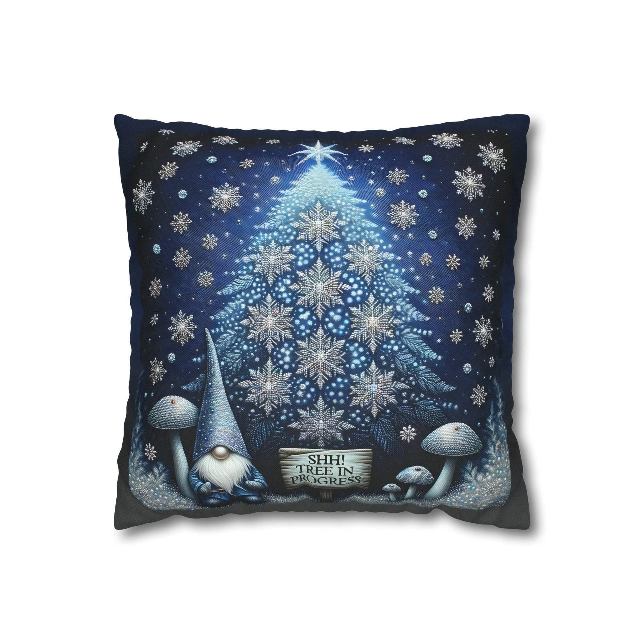 Abstract Christmas Tree & Gnome Pillow Cover: Glistening Night Holiday Decor