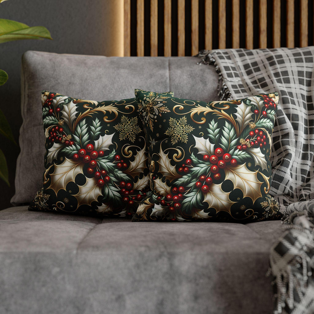 Elegant Emerald Pillow Cover: Golden Holly & Silver Snowflakes for Festive Holiday Decor