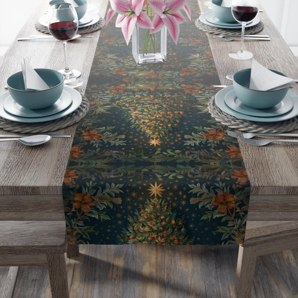Elegant William Morris-Inspired Christmas Tree Table Runner: Festive Holiday Dining Decor