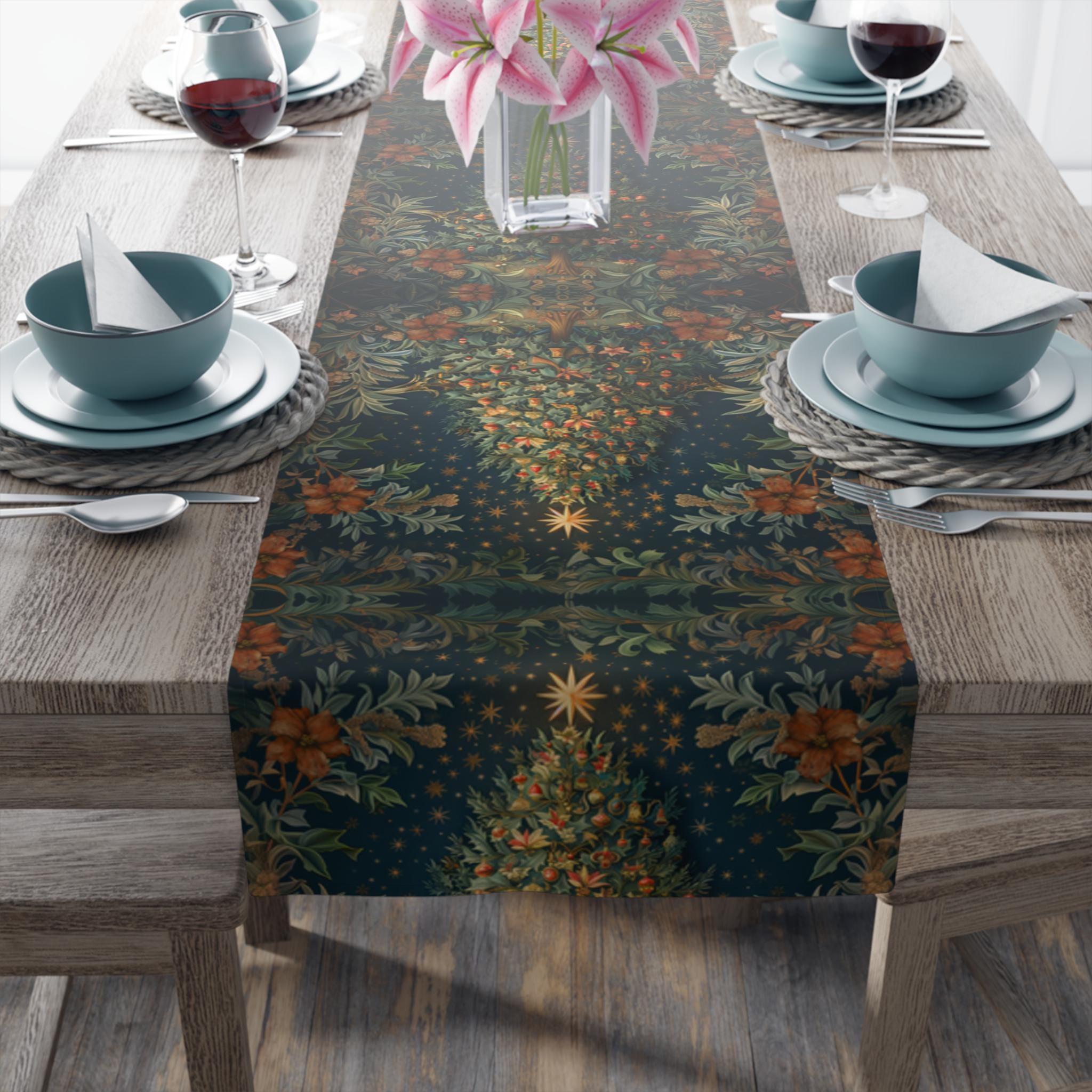 Elegant William Morris-Inspired Christmas Tree Table Runner: Festive Holiday Dining Decor