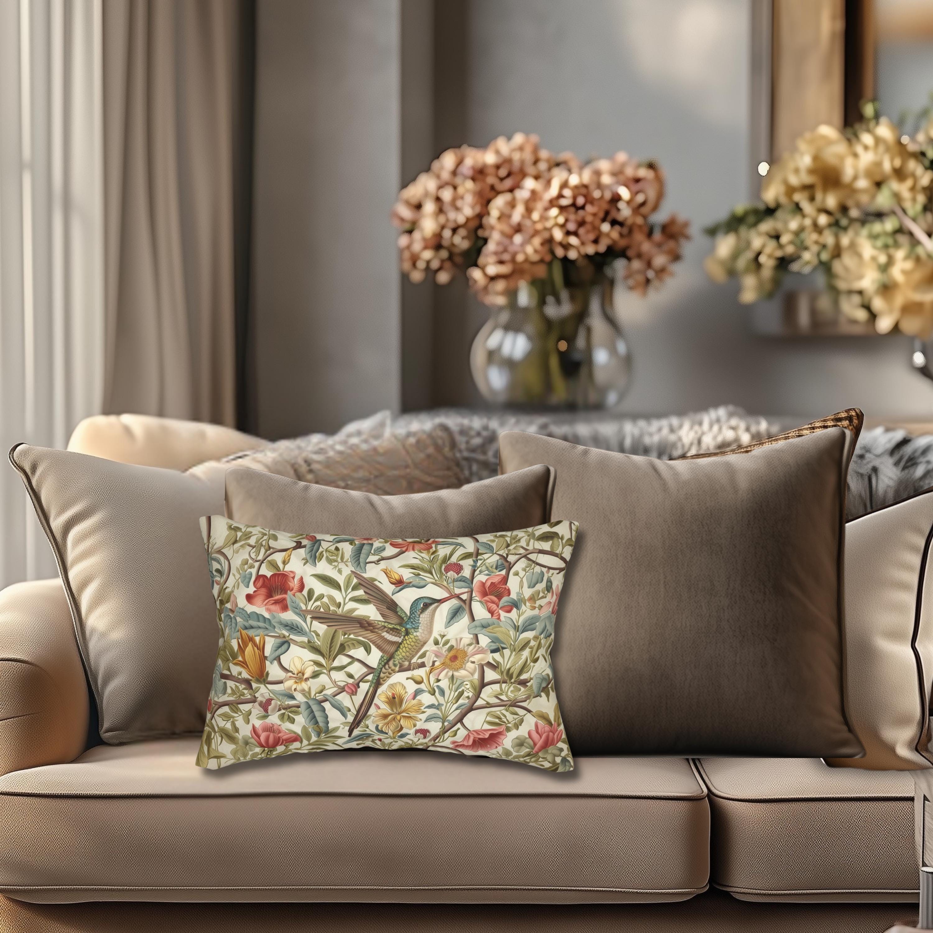 William Morris Hummingbird Floral Lumbar Pillow:  Botanical Cushion, Vintage Style Home Decor Accent