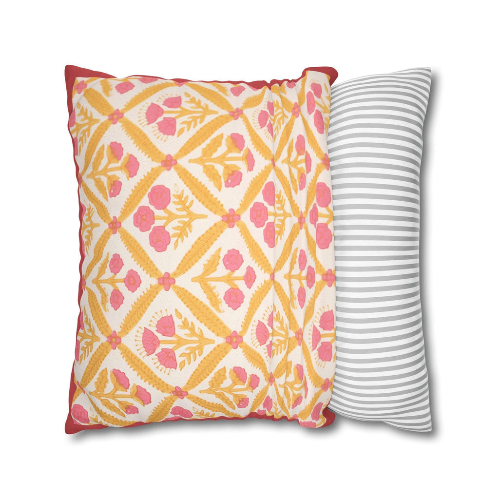 Reversible Floral Pillowcase: Pink & Coral Blossoms with Diamond Lattice - Decorative Home Accent Gift