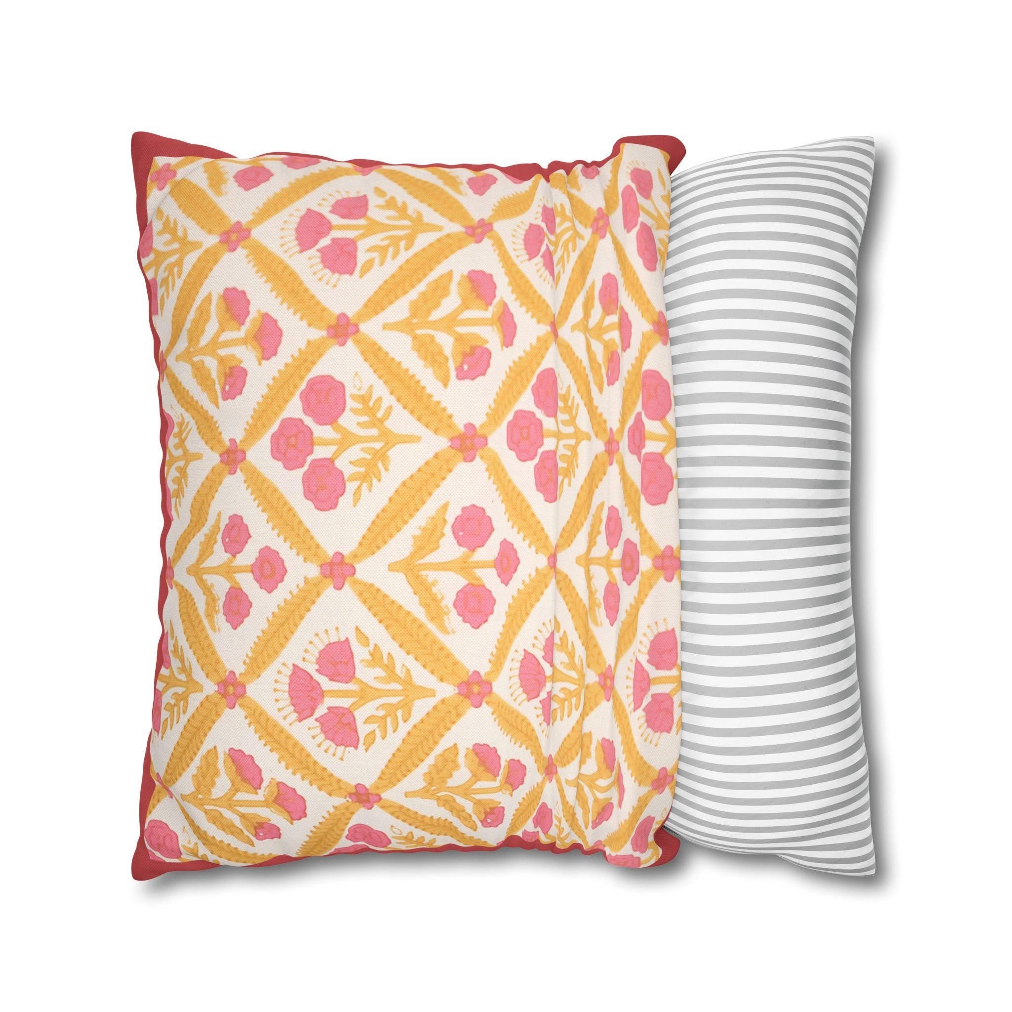 Reversible Floral Pillowcase: Pink & Coral Blossoms with Diamond Lattice - Decorative Home Accent Gift