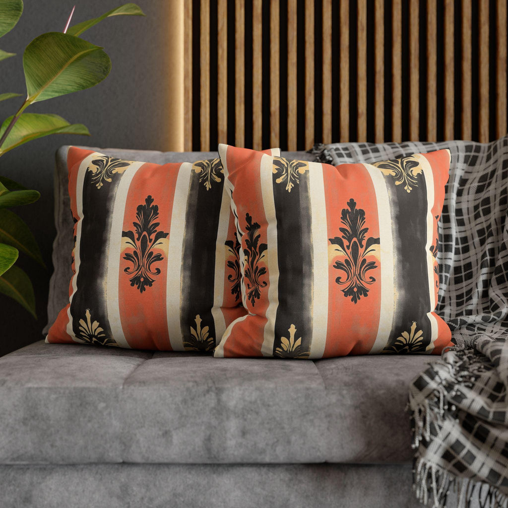 Elegant Farmhouse Patriotic Pillow Cover: Red, White & Navy Stripes with Gold Damask Floral Motifs