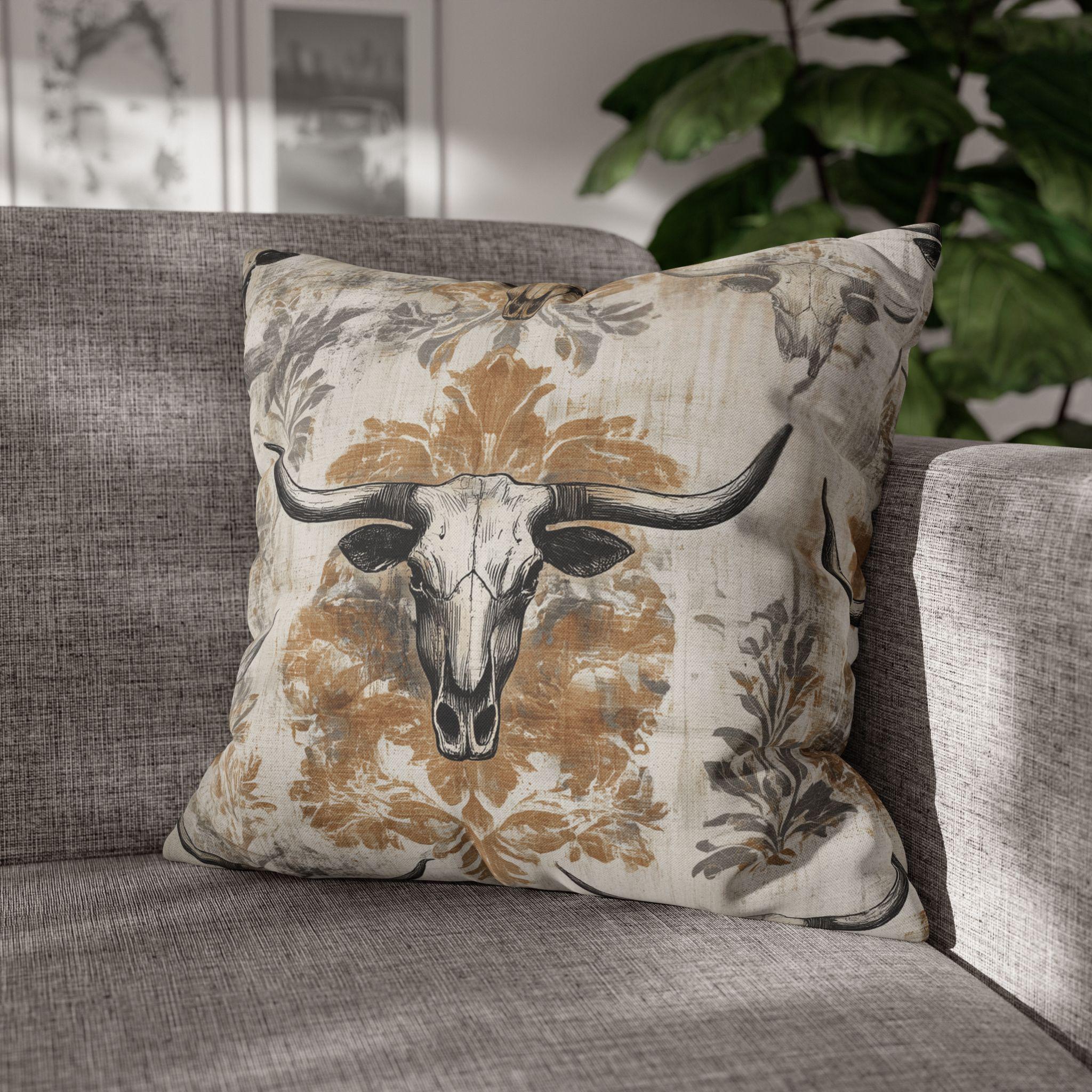 Rustic Longhorn Skull Pillow Cover: Western Ranch Decor for Southwest Cowboy Home Accent
