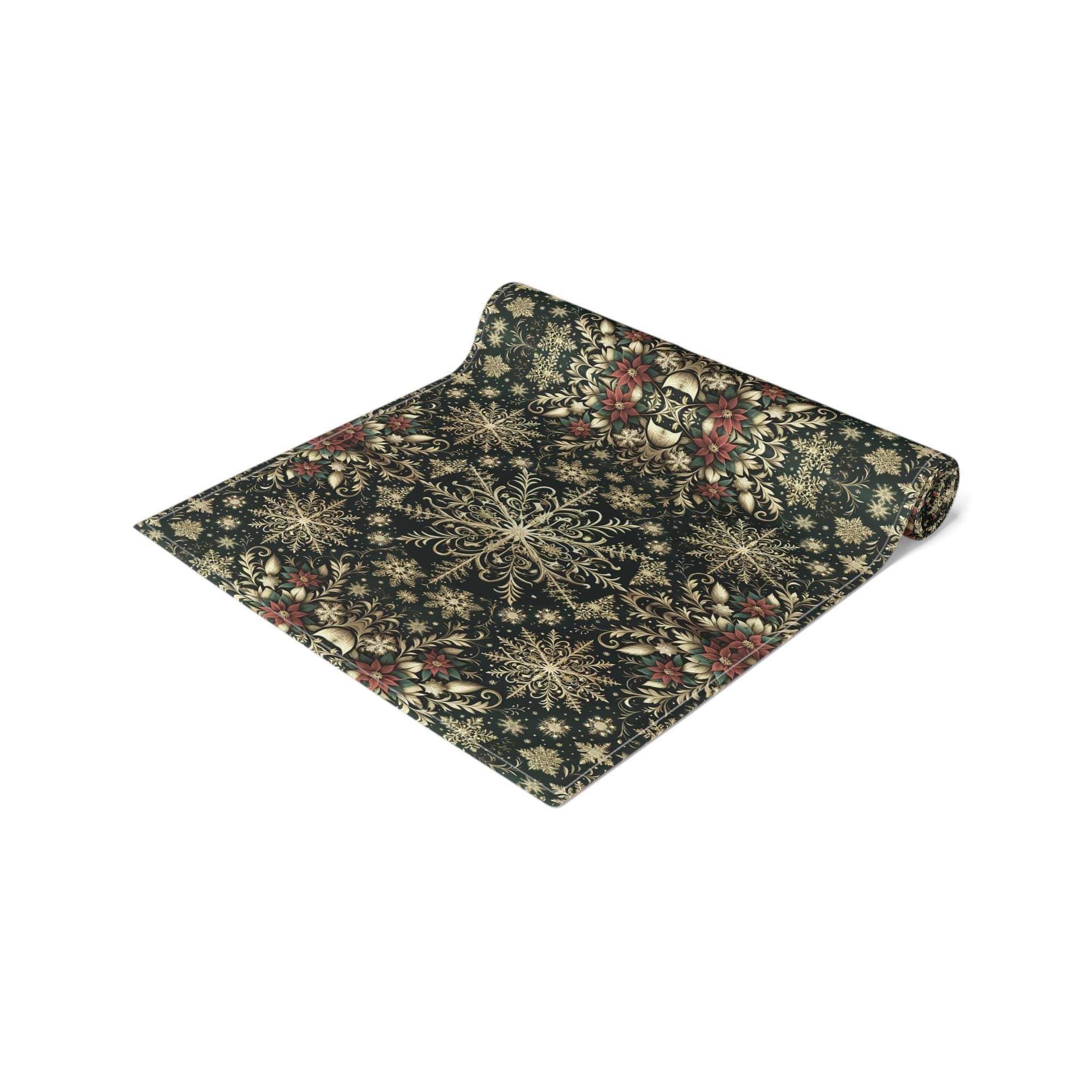 Elegant Christmas Table Runner: Gold Snowflake Poinsettia Pattern for Festive Holiday Dining Decor