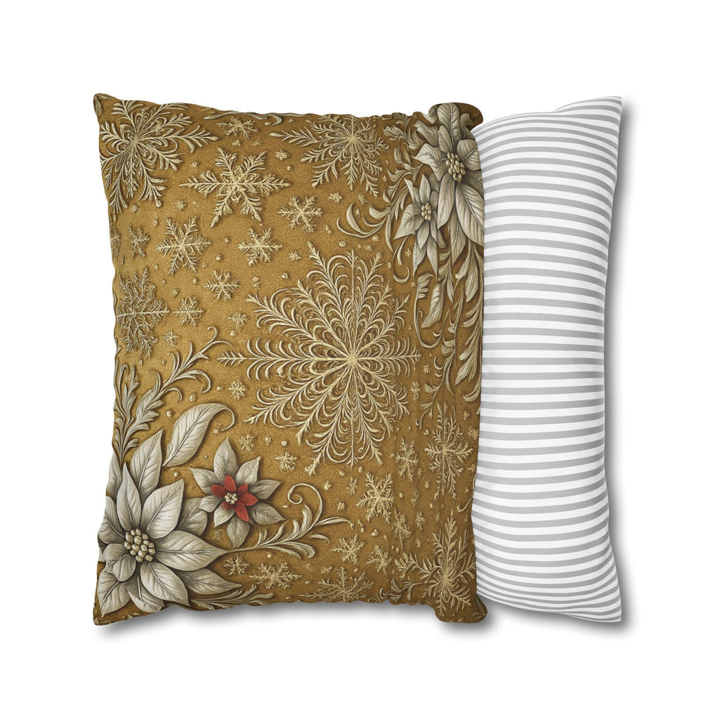 Elegant Vintage Inspired Pillow Cover: Silver Poinsettia and Snowflakes on a Rich Golden Background