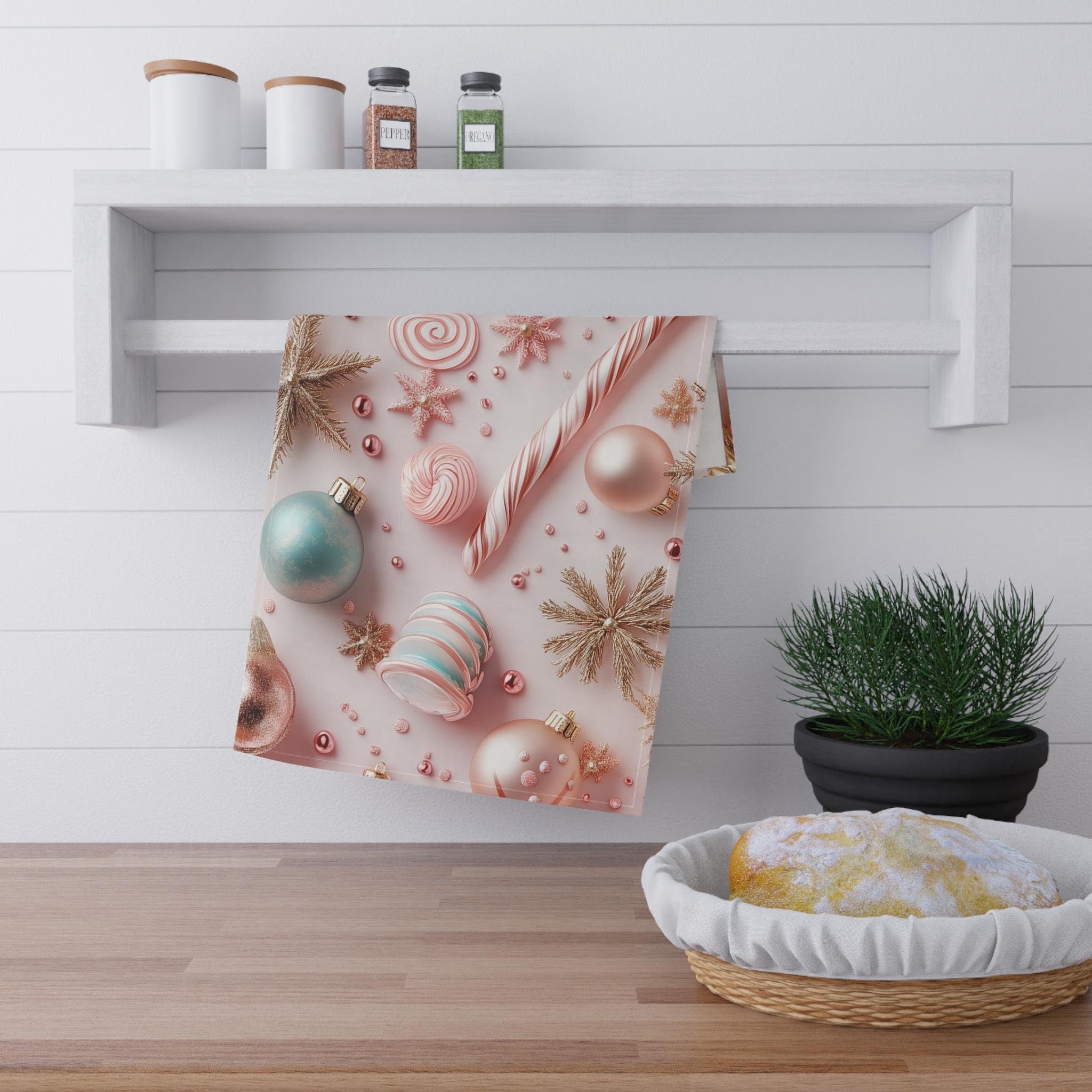 Candycore Tea Towel, Pastel Pink, Minty Blue Whimsical Christmas Holiday Decor