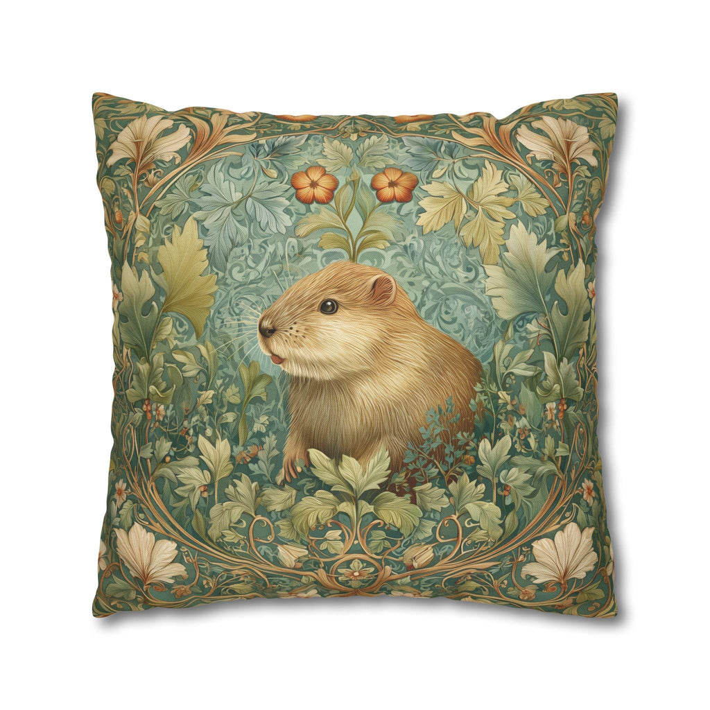 William Morris Inspired Beaver Pillow Cover: Woodland Cushion with Botanical Frame and Earthy Design