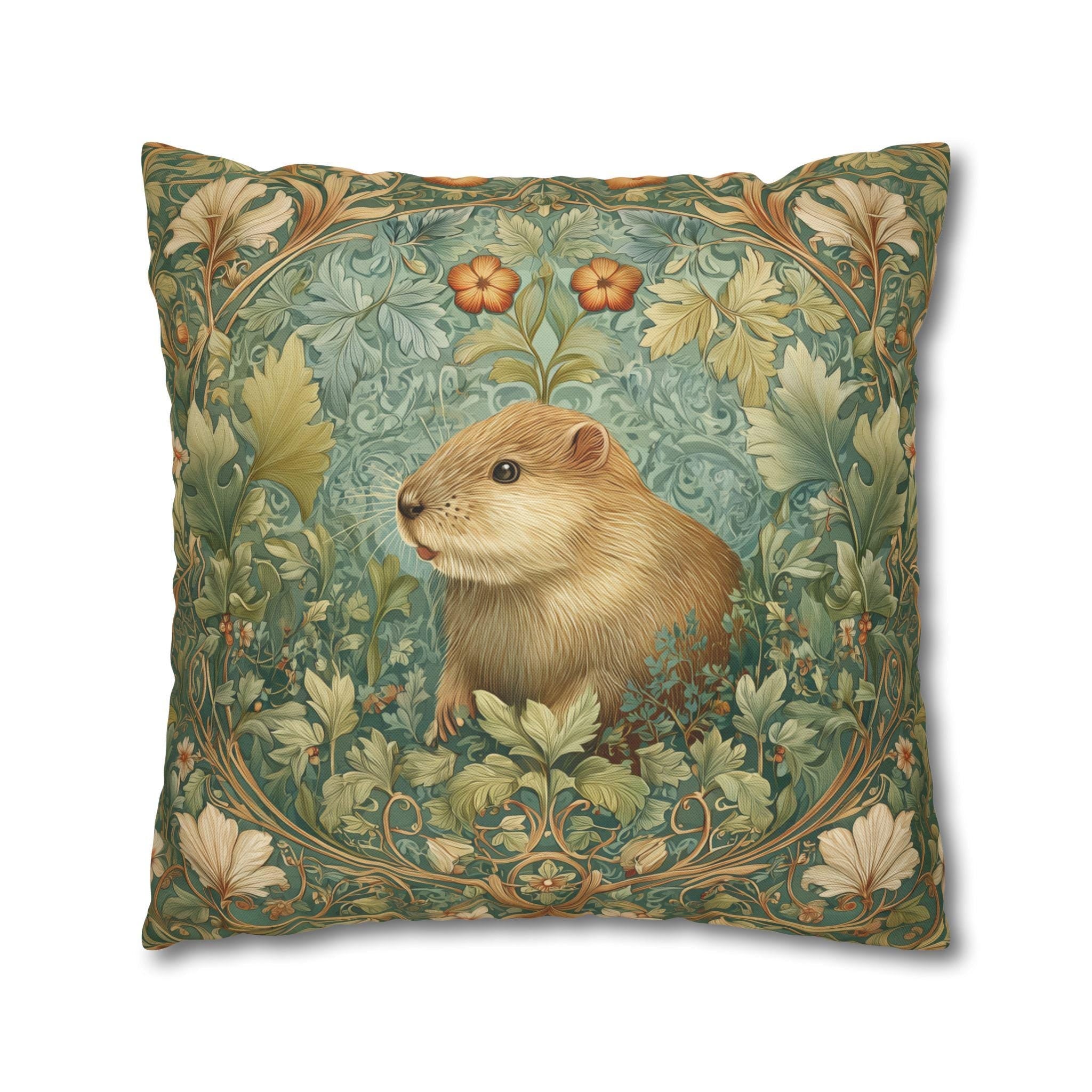 William Morris Inspired Beaver Pillow Cover: Woodland Cushion with Botanical Frame and Earthy Design