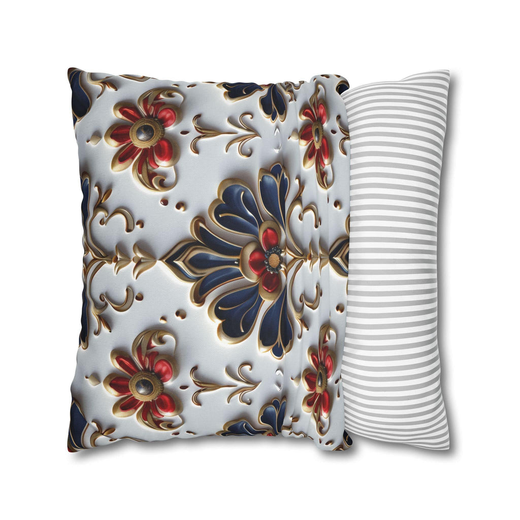 Baroque Floral Pillow Cover: Navy Blue, Gold & Red Accent