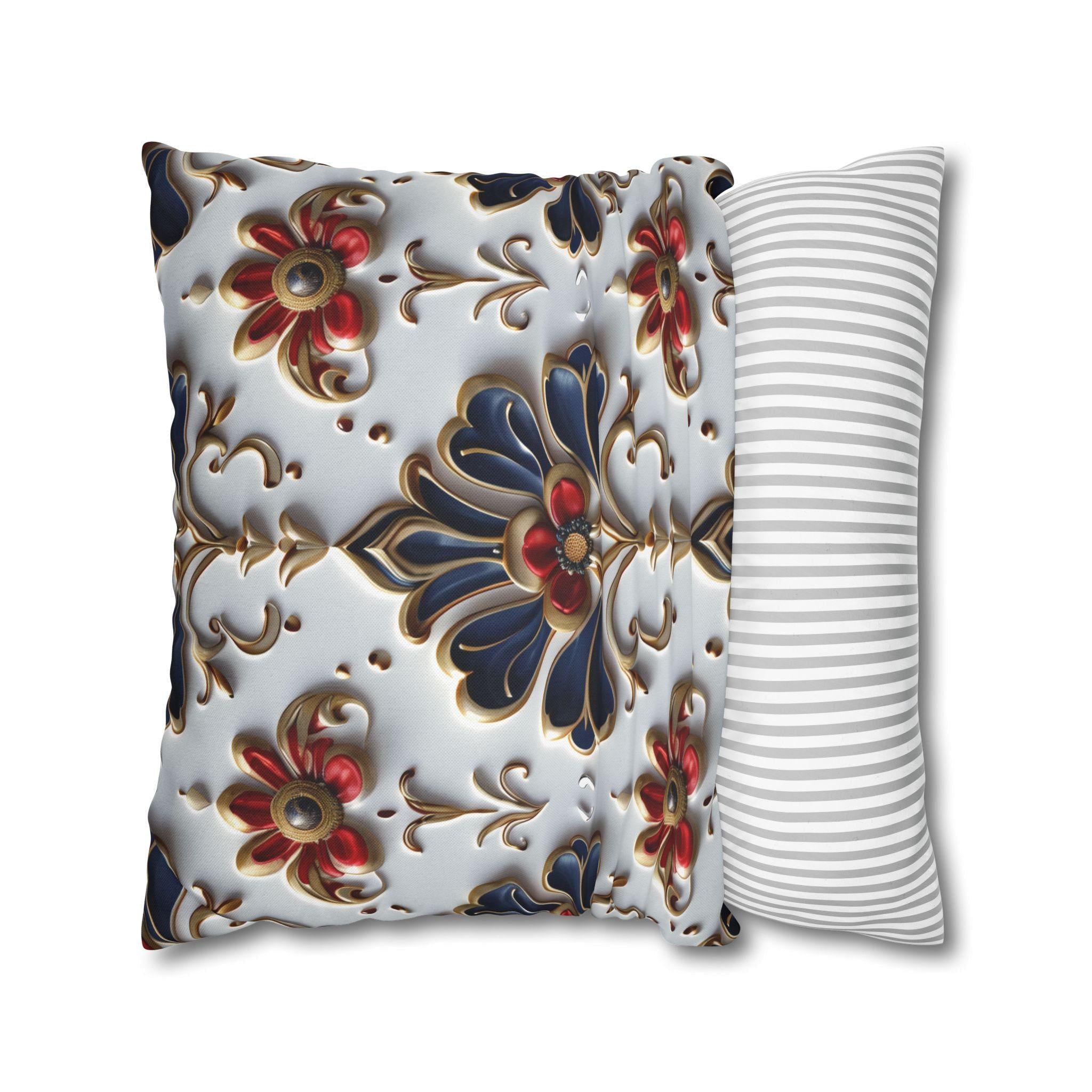 Baroque Floral Pillow Cover: Navy Blue, Gold & Red Accent
