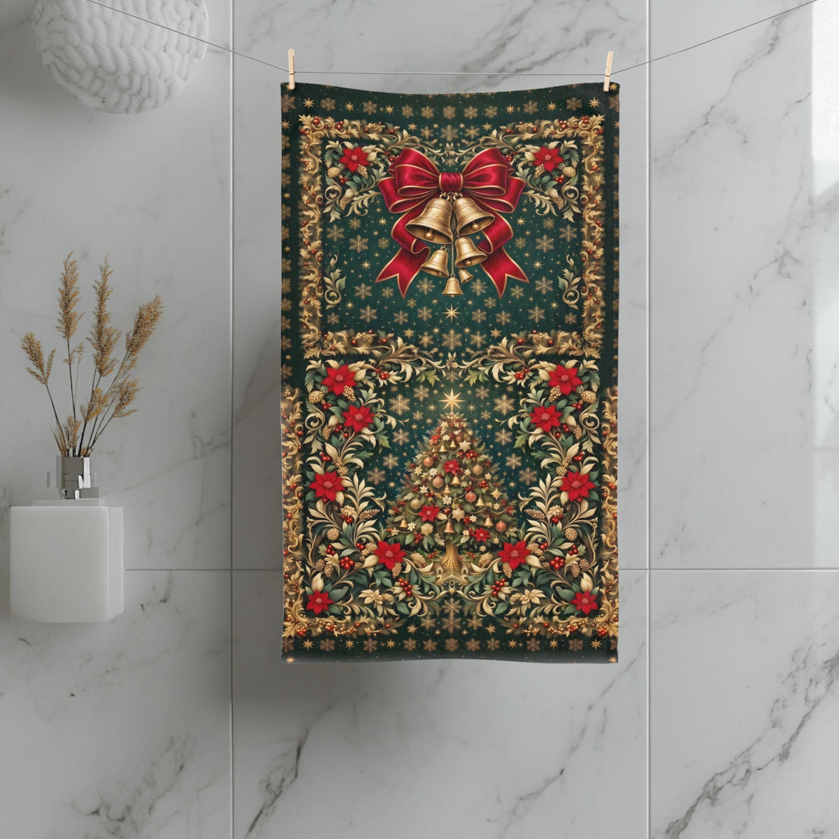 William Morris Christmas Hand Towel: Vintage Style Emerald Green Poinsettia, Golden Snowflake