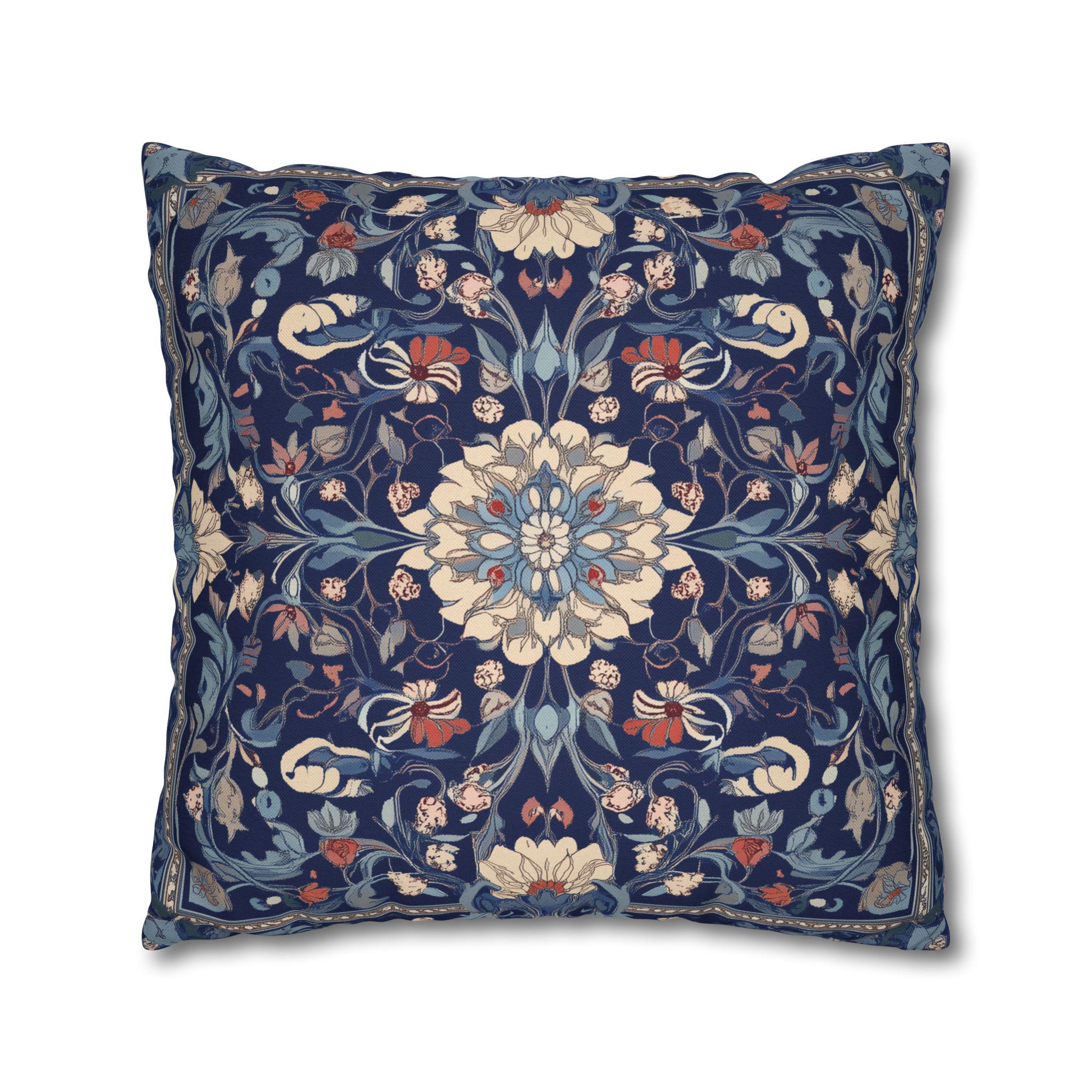 Elegant Navy Blue Floral Medallion Pillowcase: William Morris Inspired Persian Tribal Motifs Decorative Cover