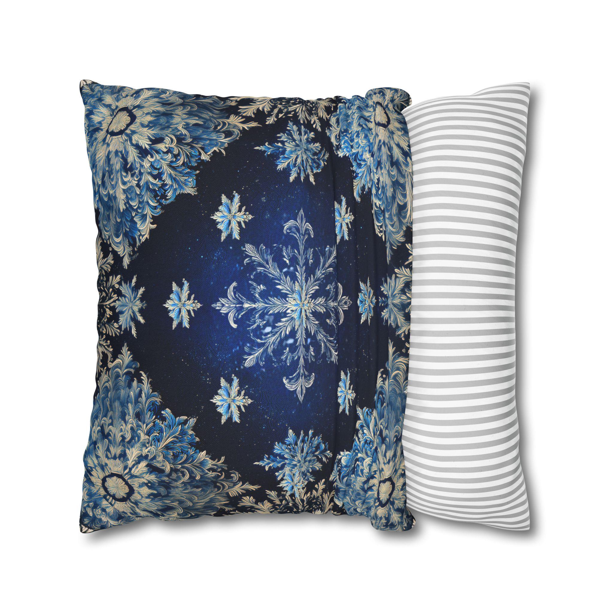Sapphire Blue Snowflake Damask Christmas Throw Pillow Cover: Gold & White Winter Accent