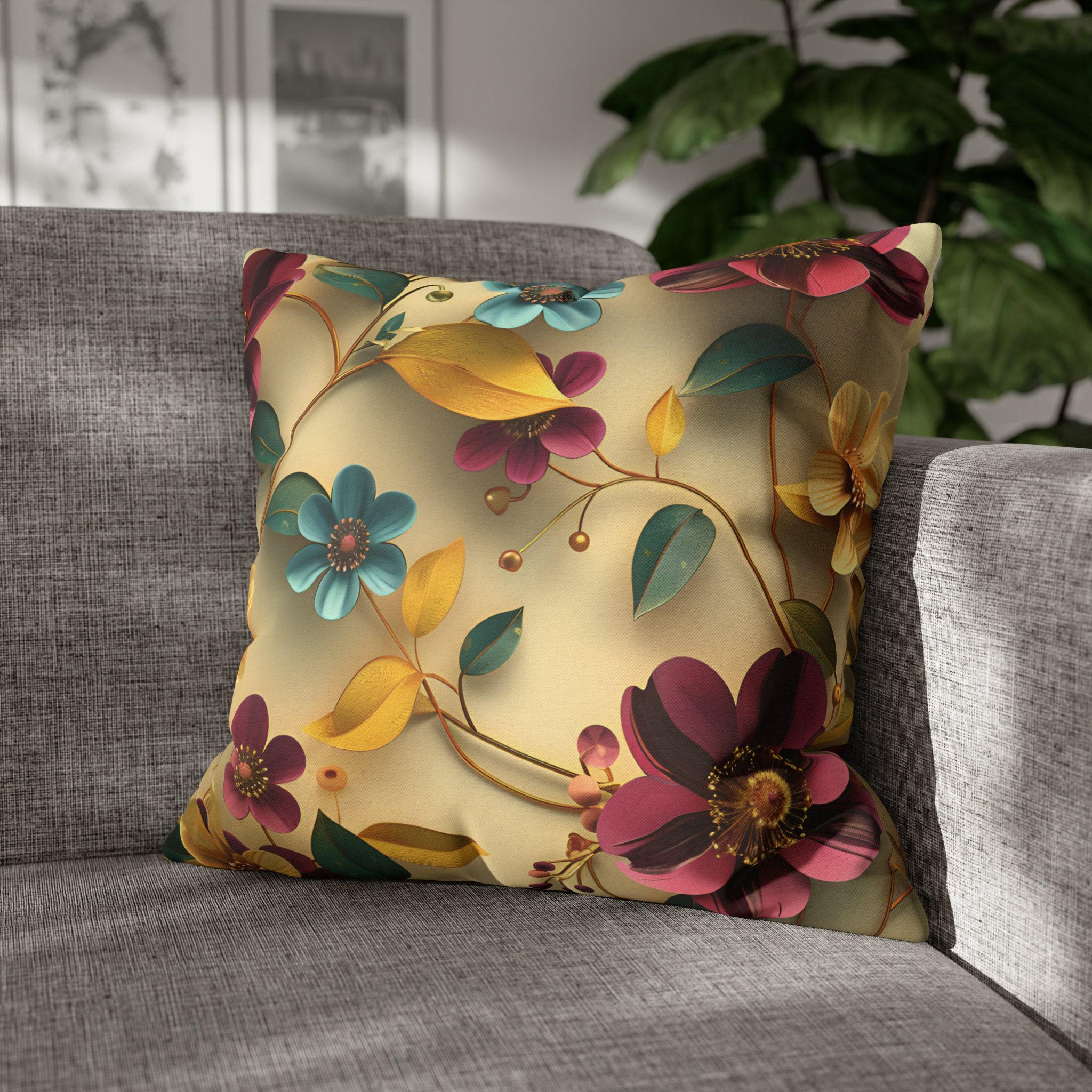 Botanical Floral Square Throw Pillow Cover: Teal, Marigold, Plum on Warm Beige Cushion Case