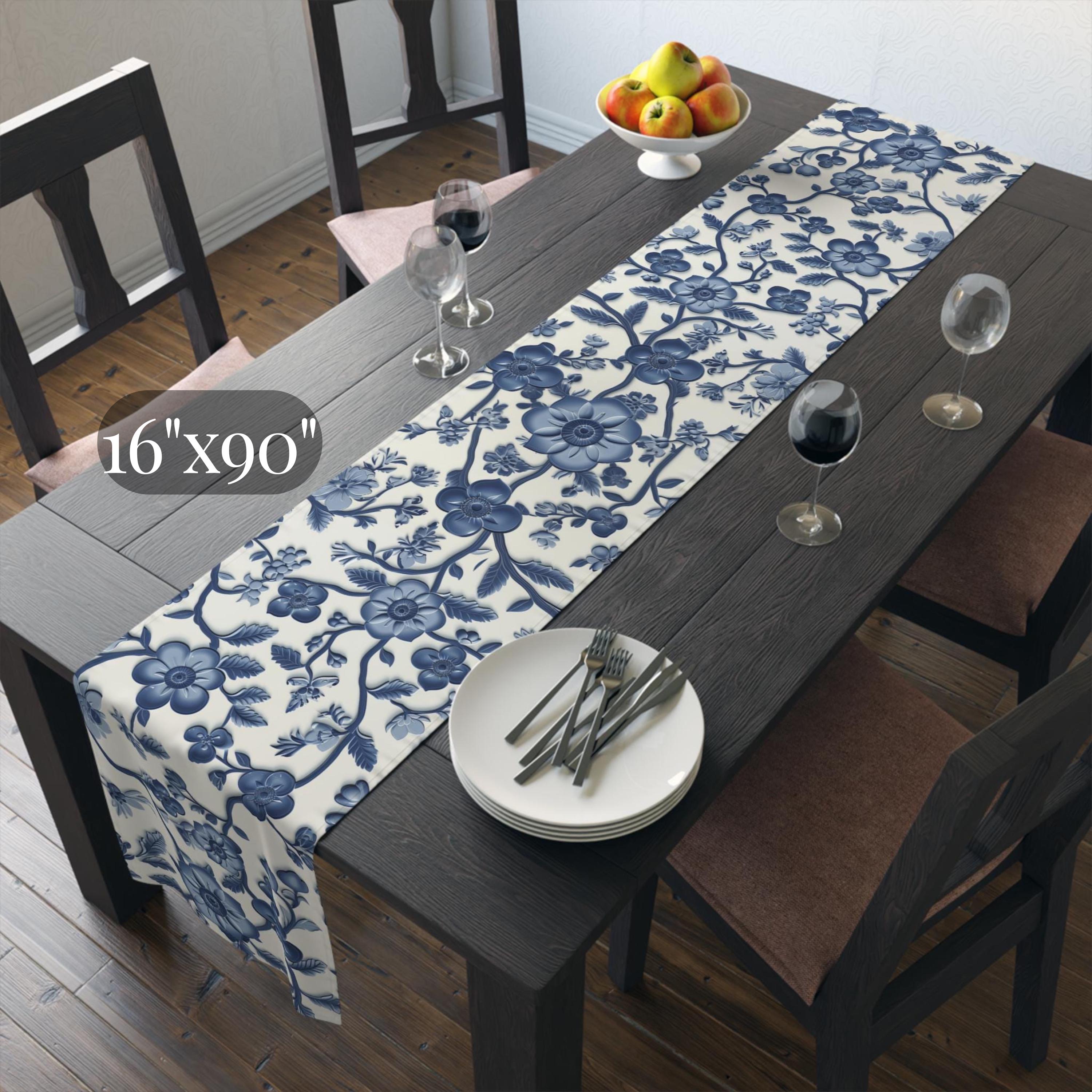 Elegant Chinoiserie Blue & White Table Runner: Traditional Pottery-Inspired Dining Decor