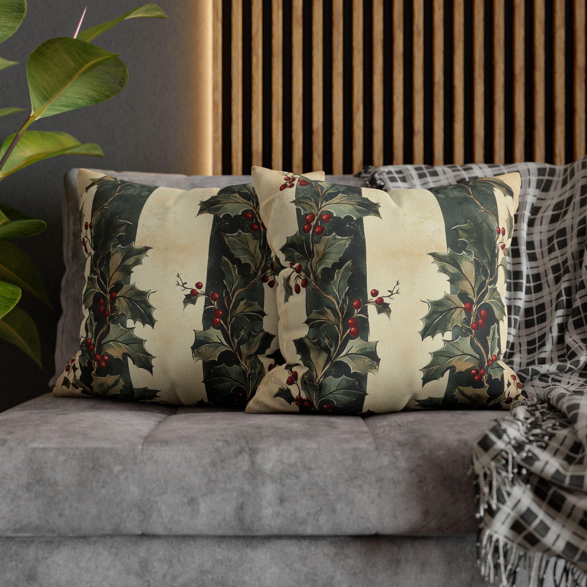 Holly & Stripes Pillow Cover: Vintage Style Christmas Botanical Holiday Accent